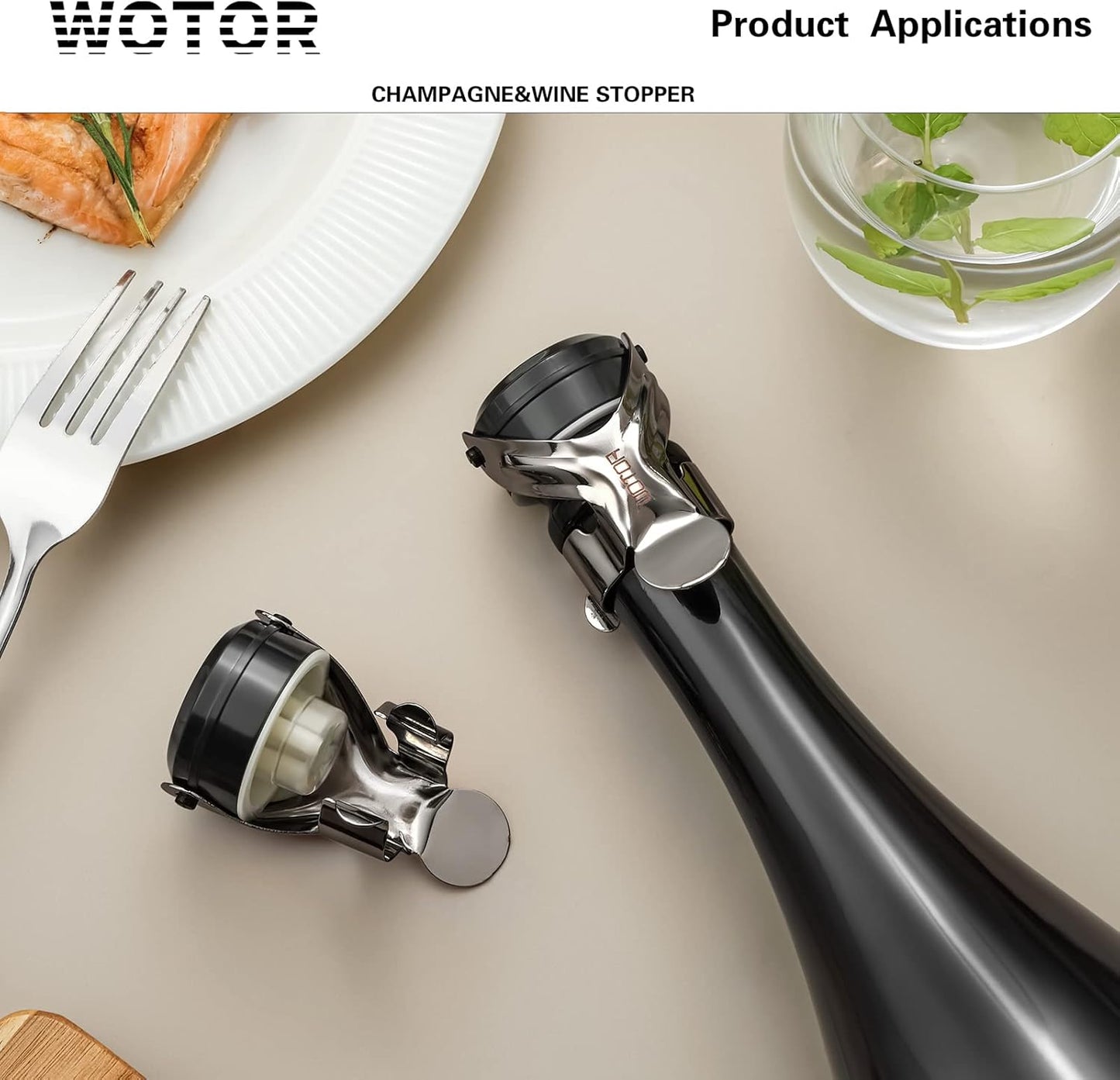 WOTOR Champagne&Wine Bottle Stoppers Stainless Steel with Food Grade Silicone, Leak Proof Keep Fresh Reusable Saver, Cork Suitable for Wine, Champagne, Cava, Prosecco and Sparkling (4 Pack Black）