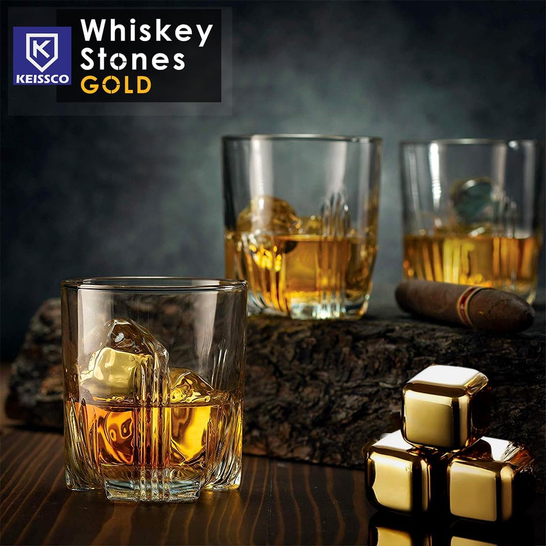 KEISSCO Stainless Steel Chilling Cubes Reusable Ice Cube Whiskey Stones for Drinks Beverage Jumbo Chilling Stones Set with Ice Tongs and Freezer Storage Tray for Whiskey, Gold Color Edition (8 Pack)