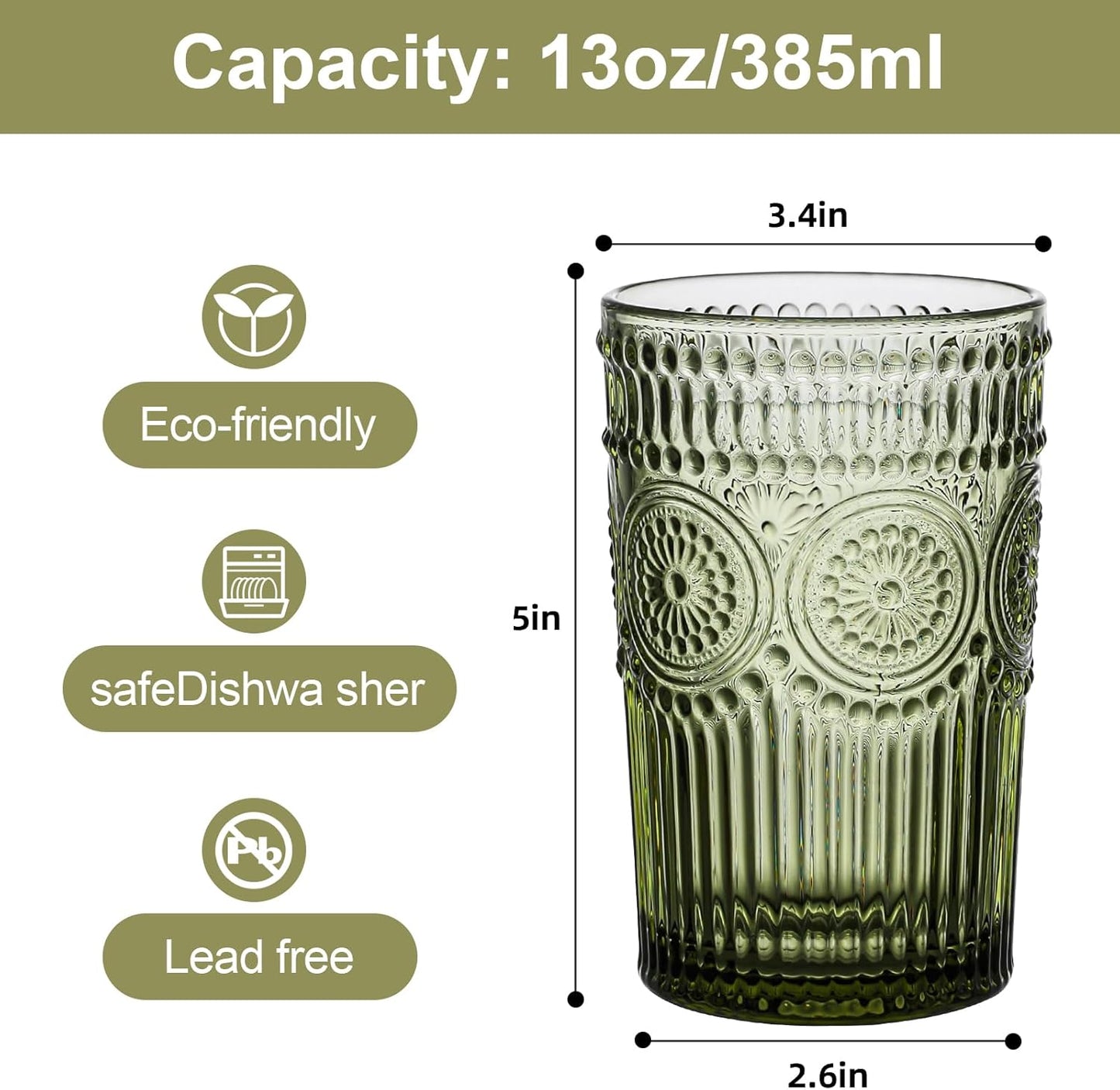 ZMOWIPDL Vintage Glassware Drinking Glasses Set of 6,13 oz Green Textured Flower Design Glass Water Tumblers，Embossed Striped Drinkware for Water,Cocktails,Juice,Iced Coffee