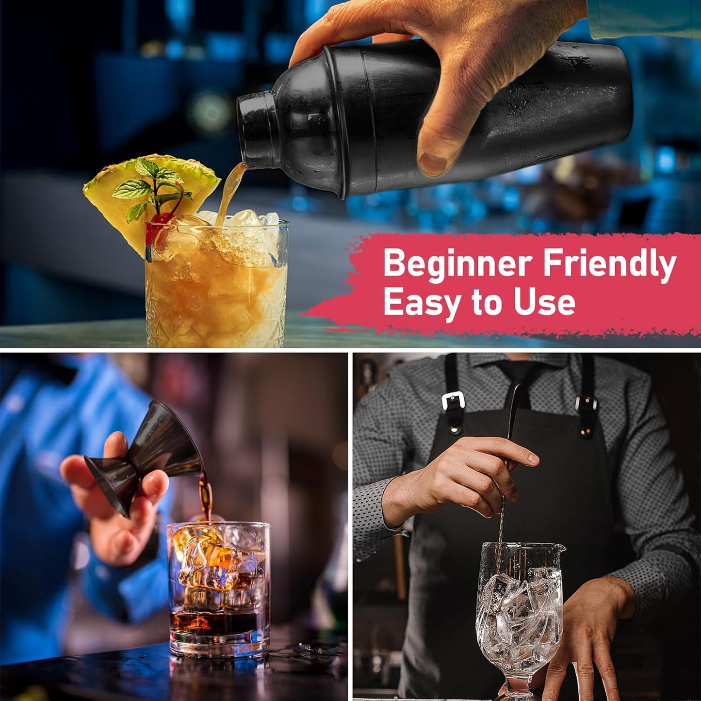 Cocktail Shaker 24oz Martini Bar Drink Shaker Bar tools with Built-In Strainer for Bartender, Professional 18/8 Stainless Steel Margarita Mixer for Mixed Drinks (Black)