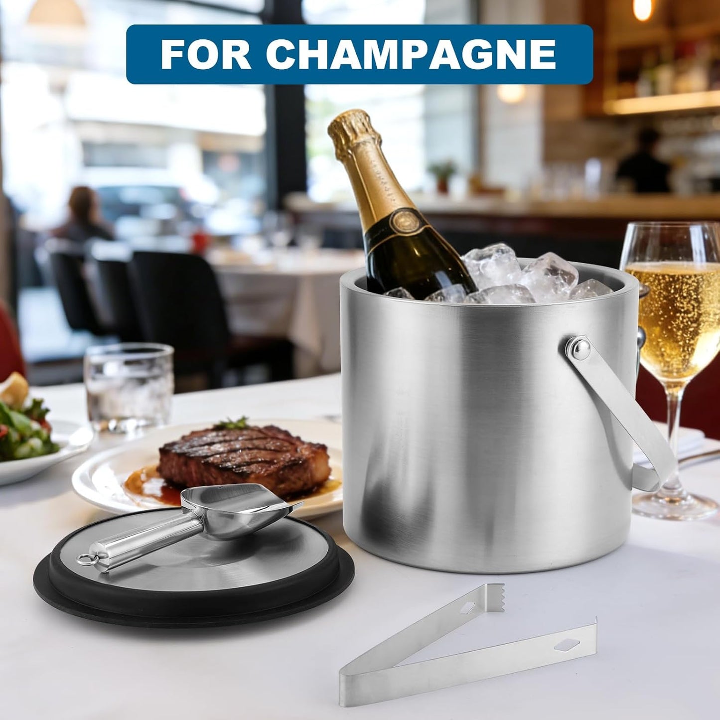 Ice Bucket, 4L Double Wall Insulated Ice Bucket with Lid,Scoop,Tongs- Inner Layer 304 Stainless Steel Ice Container Keep Ice Frozen Longer- Ideal for Cocktail Bar,Parties (4L)
