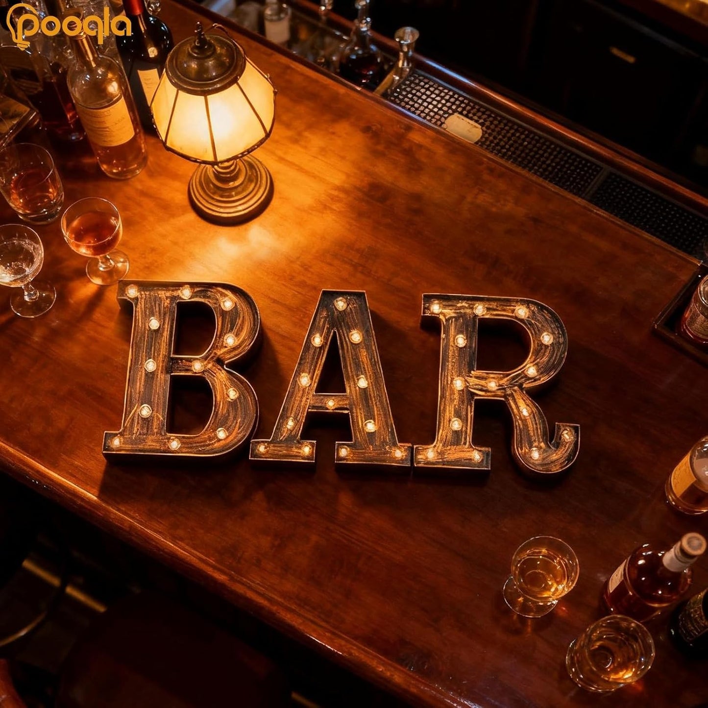 Pooqla BAR - Illuminated Marquee Bar Sign for home decor - Light up LED Marquee Word Sign - Pre-Lit Pub Light Battery Operated (23.03-in x 8.66-in) (Vintage)
