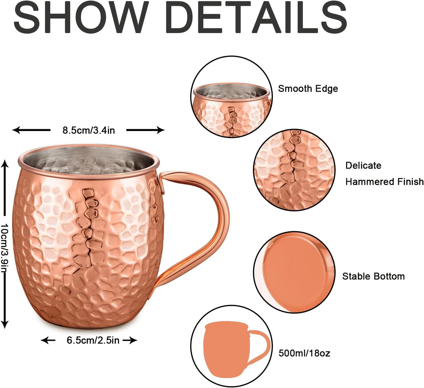 Moscow Mule Mugs Copper Cups Set of 4 Copper Mugs with 304 Stainless Steel Lining,Perfect For Wine, Beer, Cold Drink, Bar, Party, Gifts