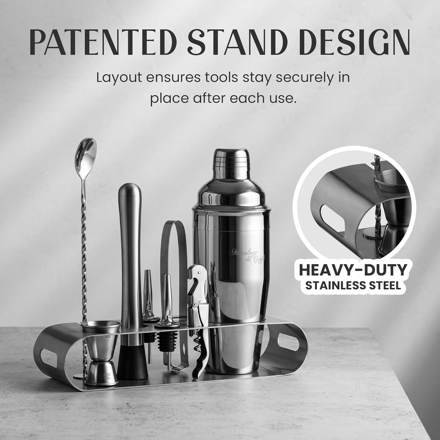 Mixology & Craft 9-Piece Cocktail Shaker Set with Sleek Metal Stand - 24oz Stainless Steel Bartender Kit - Professional Bar Tools: Built-in Strainer, Jigger, Muddler, Tongs, Spoon & Recipe Cards