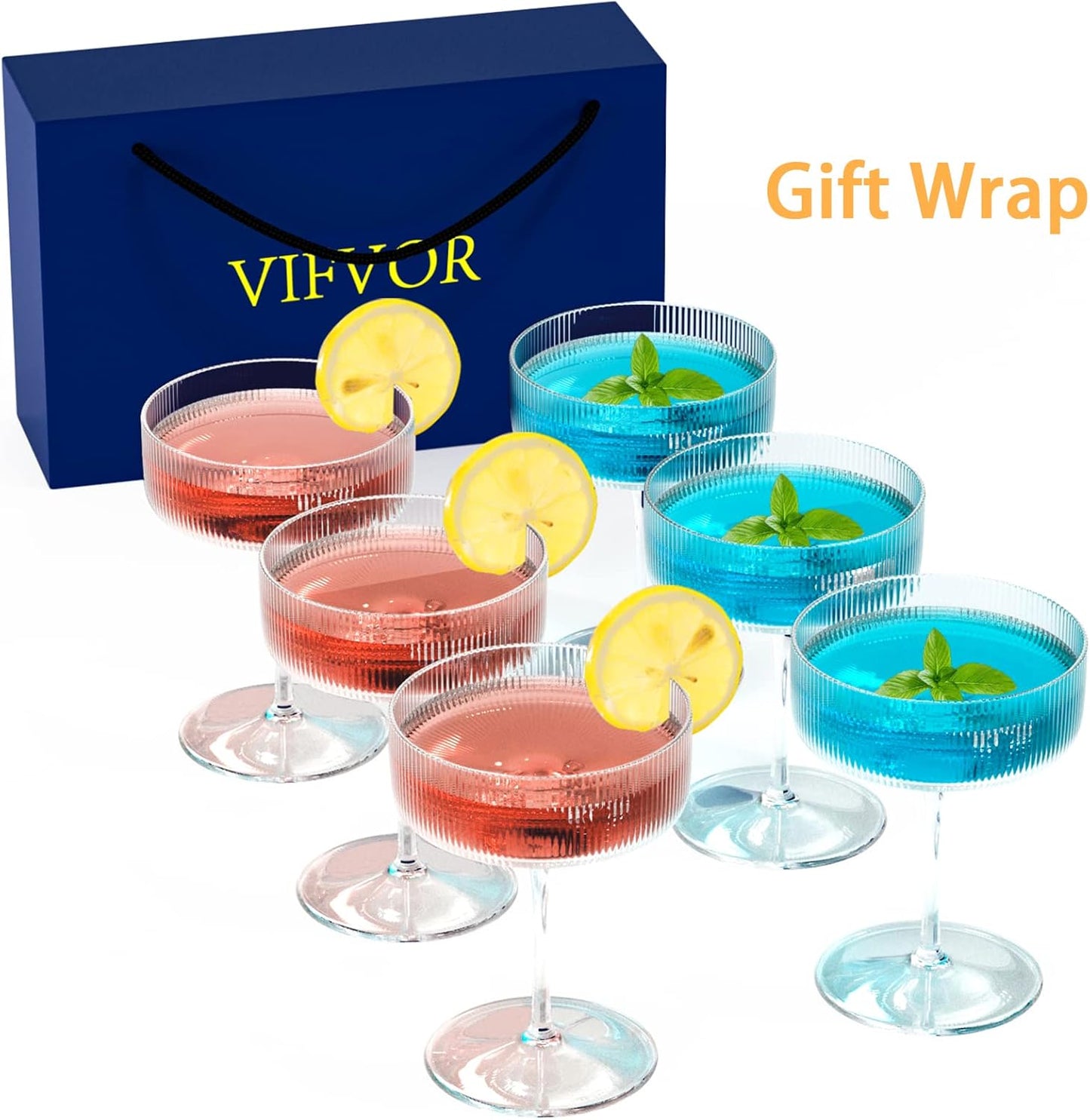 6 Pcs Ribbed Coupe Cocktail Glasses, 10 oz Classic Old Styling Martini Glass Set with Gift Box Packaging Elegant Hand Blown Manhattan Goblet for Cocktail, Champagne, Bar and Gift (6)