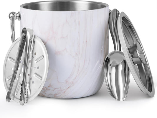 Insulated Ice Bucket, 3L Double Wall Stainless Steel Ice Bucket - White Marble