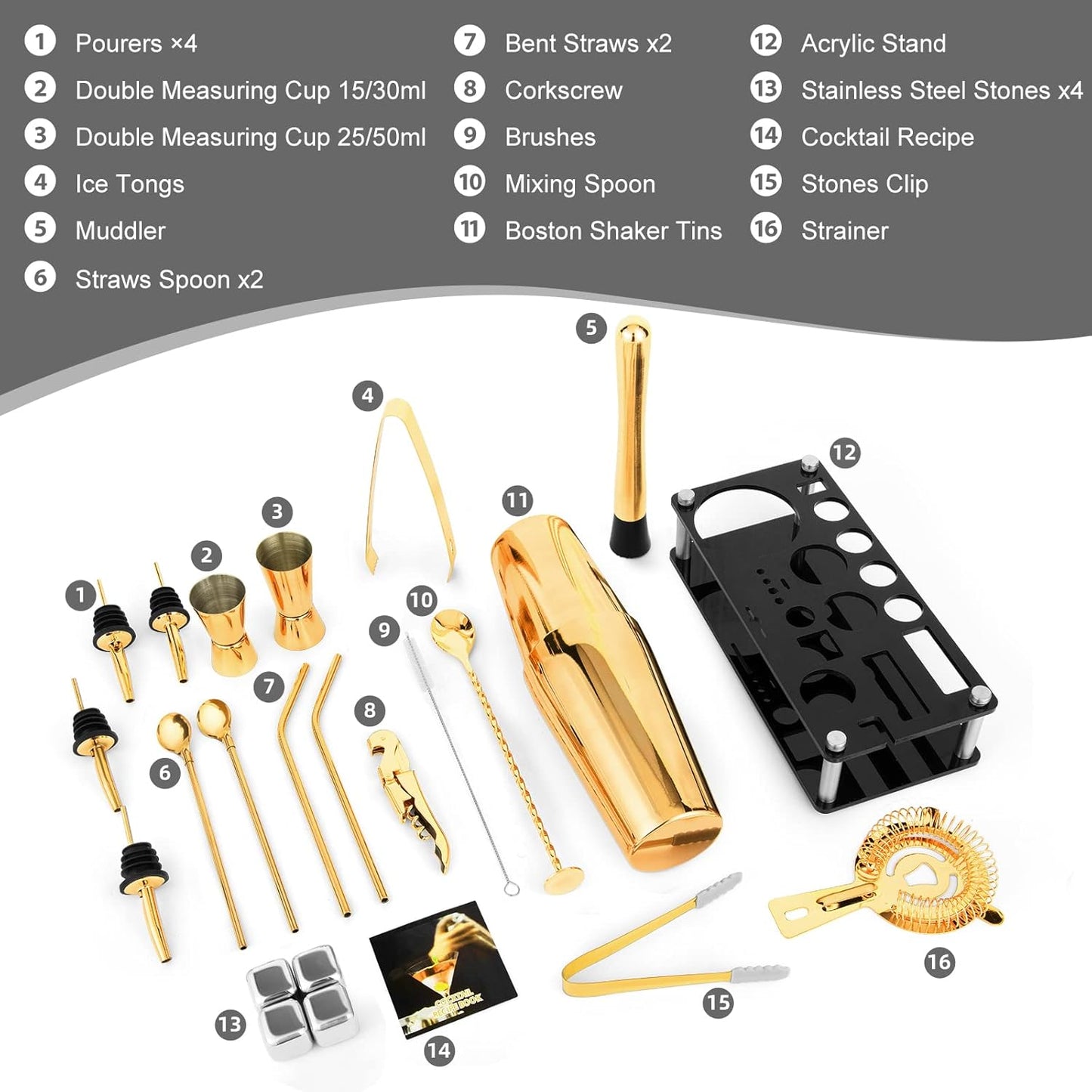 Cocktail Shaker Set, 23-Piece Boston Stainless Steel Bartender Kit with Acrylic Stand & Cocktail Recipes Booklet, Professional Bar Tools for Drink Mixing, Home, Bar, Party - Gold