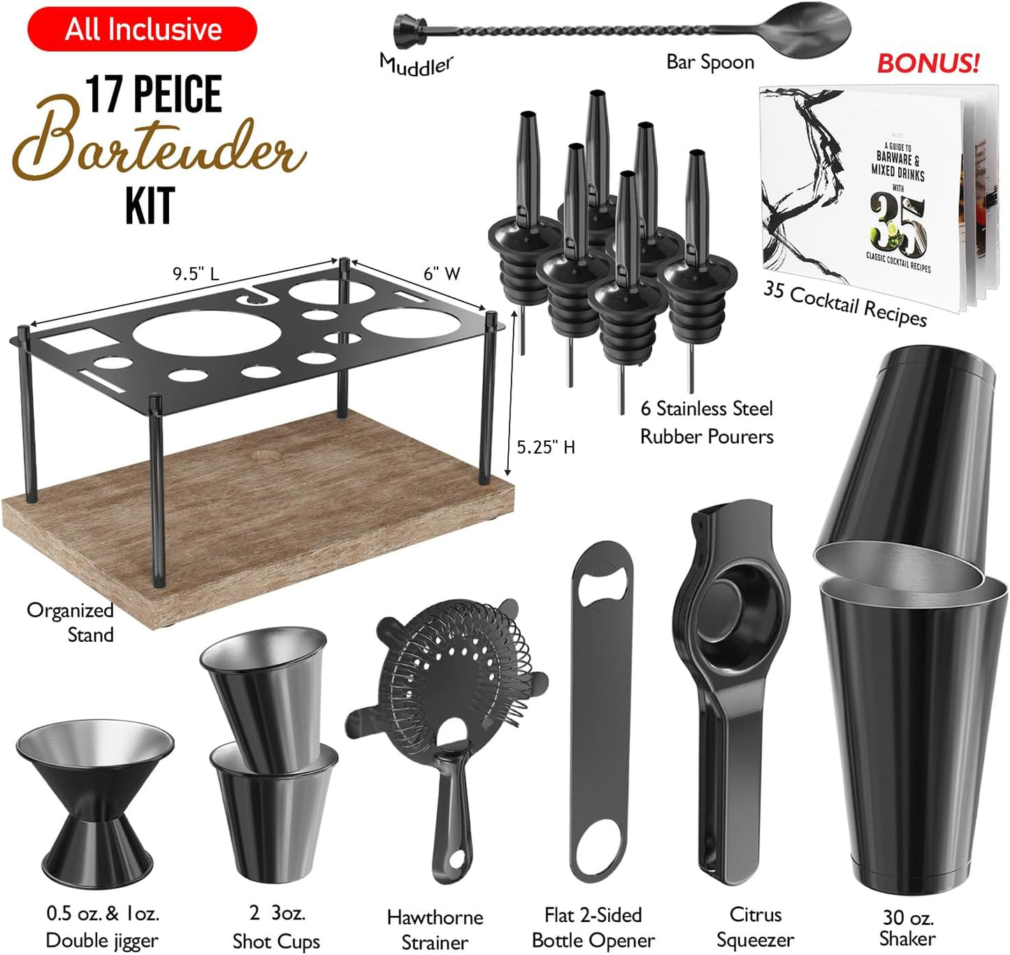 Bar Set Cocktail Shaker Set Bartender Kit, 17 Piece Black Cocktail Set, Mixology Bartender Kit with Wood Stand, Steel Cocktail Kit, Bar Accessories: 30oz Martini Shaker, Muddler, Cocktail Book & More