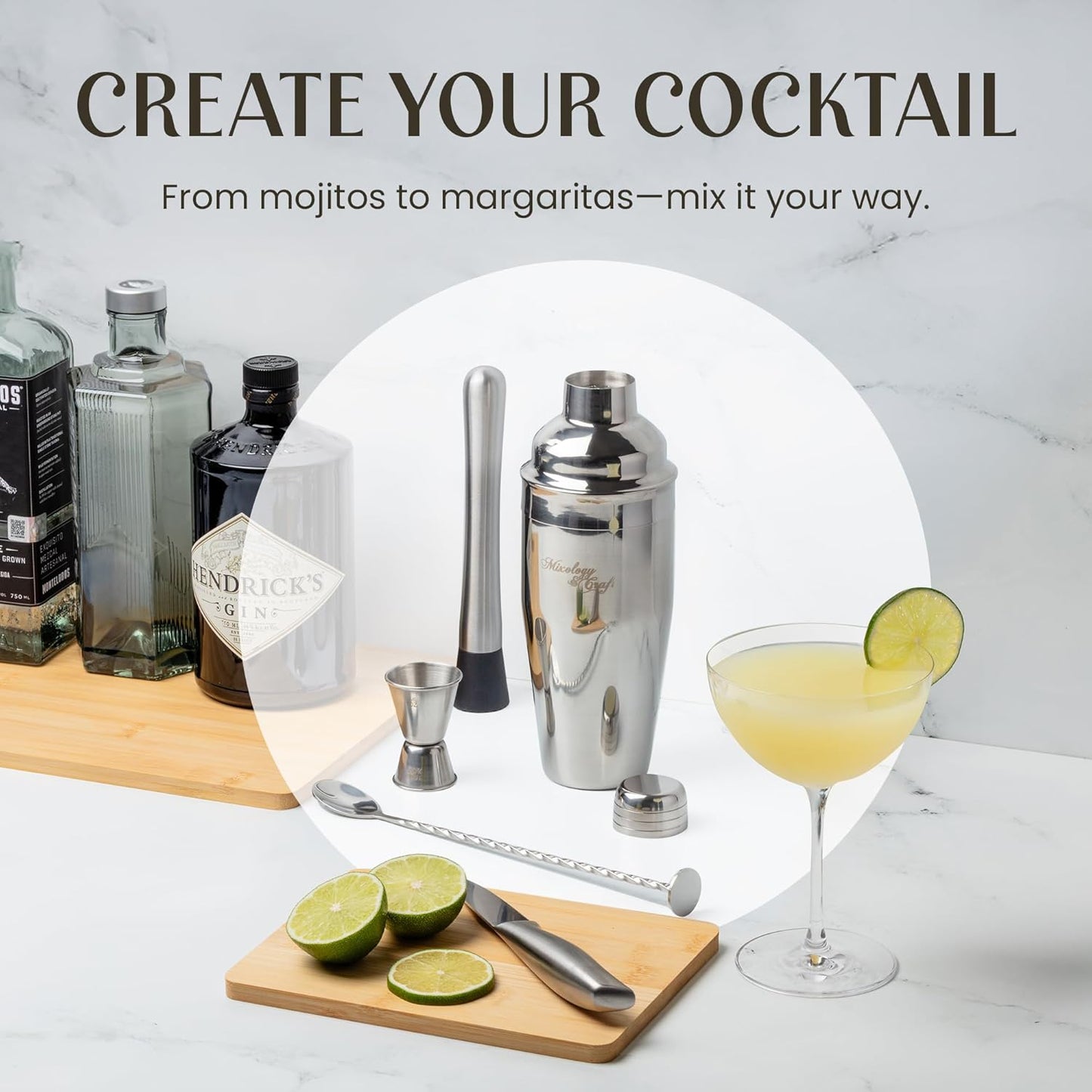 Mixology & Craft 9-Piece Cocktail Shaker Set with Sleek Metal Stand - 24oz Stainless Steel Bartender Kit - Professional Bar Tools: Built-in Strainer, Jigger, Muddler, Tongs, Spoon & Recipe Cards