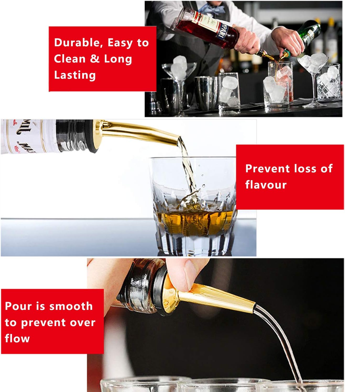 WAFJAMF 24 Pcs Stainless Steel Liquor Pour Spouts Set, Liquor Bottle Pourers with Rubber Dust Caps for Pours Liquid, Olive Oil, Wine, Vinegar (Gold-24 Pack)