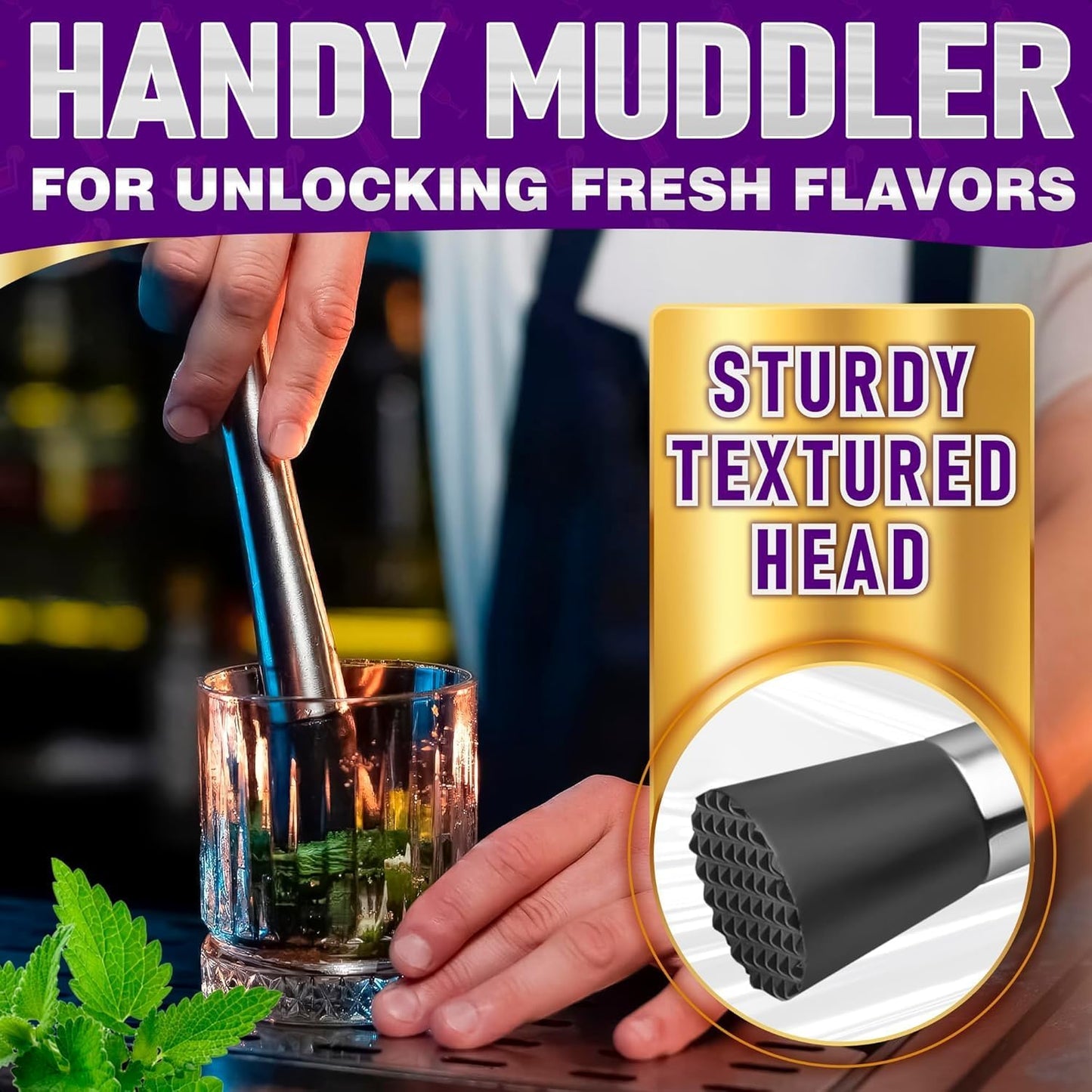 Homestia 3Pcs Black Muddler & Mixing Tools Set, 10'' Muddler, 12'' Cocktail Spoon and Double Jigger, Bar Tool Set for Beverages, Bar Accessories Tools for Mojitos Fruit Drinks (Black)