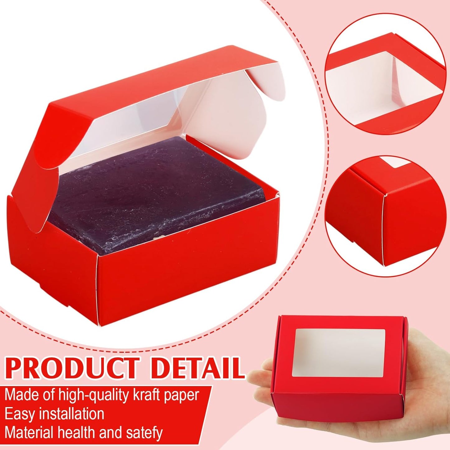 Zonon 30 Pcs Soap Boxes for Homemade Packaging, Mini Kraft Boxes with Window for Bakery Candy Soap Making Gift Packaging (3.7 x 2.6 x 1.37 Inch,Red)