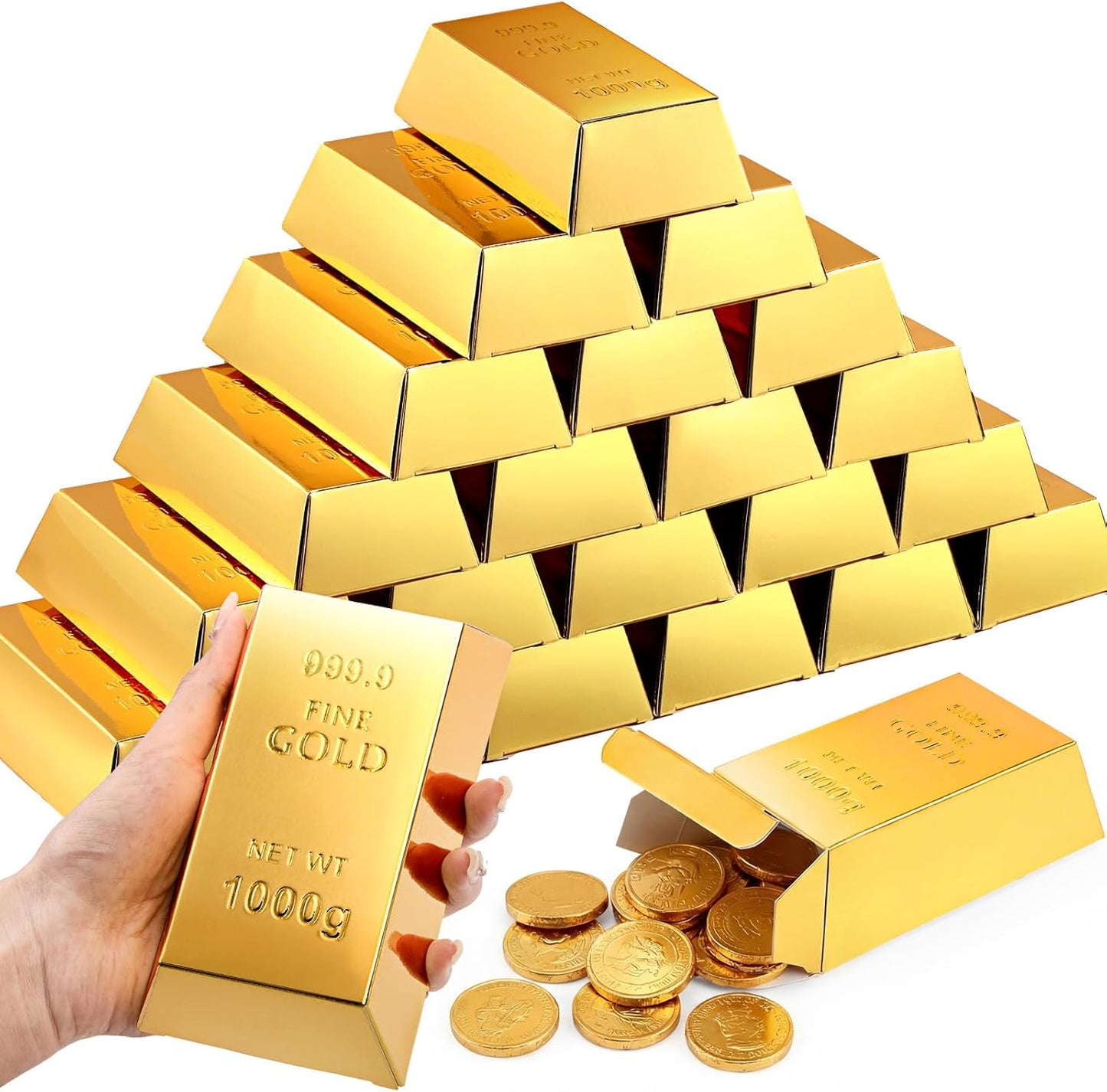 Honoson 36 Pcs Gold Bar Fake Gift Box Foil Gold Bar Party Favor Boxes Paper Golden Favor Boxes Treasure Brick for Pirate Casino Theme Party Decorations Candy Treats Chocolate Toys, 5.5 x 3.2 Inches