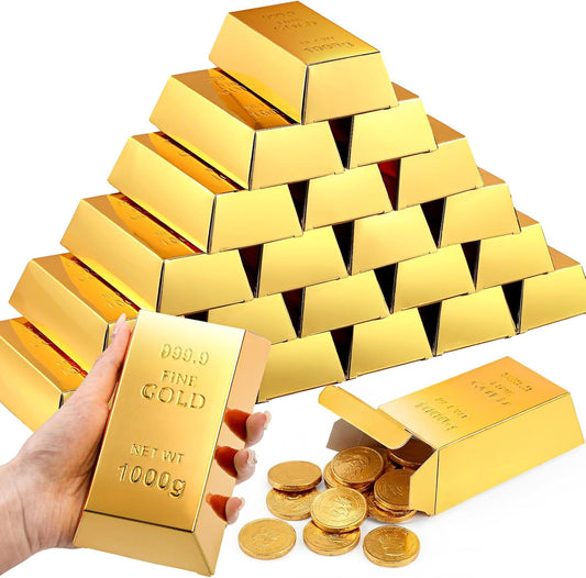 Honoson 36 Pcs Gold Bar Fake Gift Box Foil Gold Bar Party Favor Boxes Paper Golden Favor Boxes Treasure Brick for Pirate Casino Theme Party Decorations Candy Treats Chocolate Toys, 5.5 x 3.2 Inches