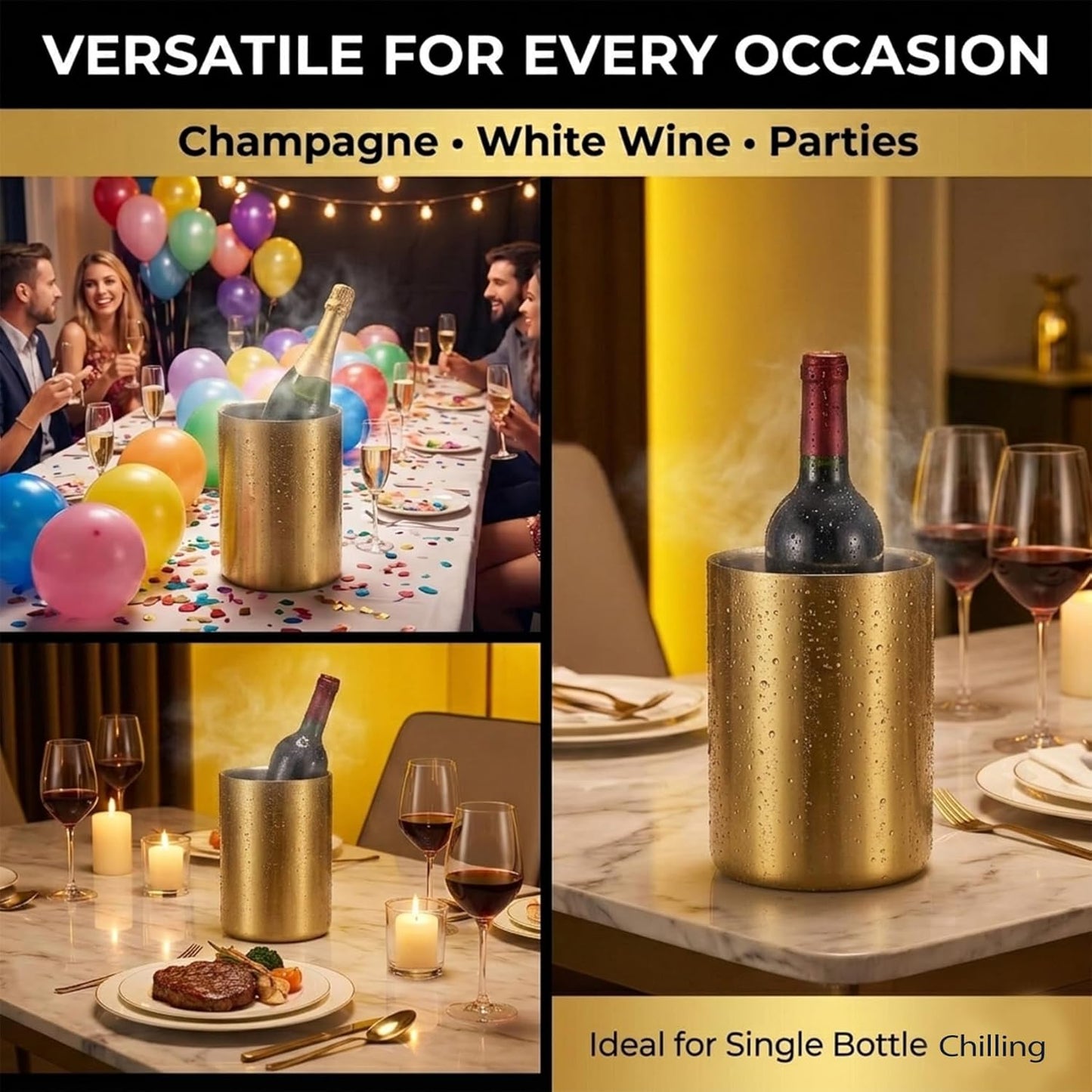 Gold Wine Chiller Bucket for Bottle 750ml Wine Chiller Champagne Cooler Insulated for Parties Keep Wine & Beverage Cold Bar Cart Accessories