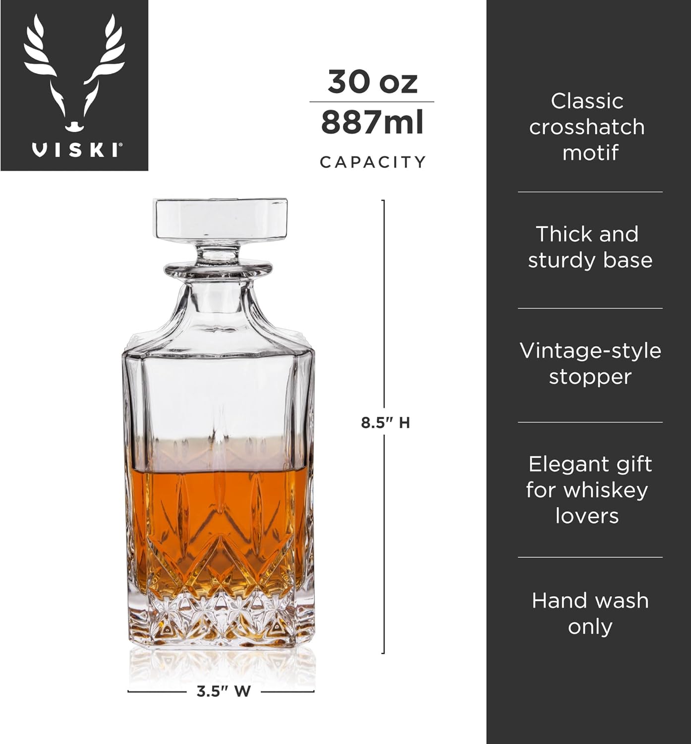 Viski Admiral Whiskey Decanter with Stopper, Elegant Liquor Decanter for Bourbon, Scotch, Spirits, Wedding Gifts, Man Cave Essentials, Home Bar Accessories, 30 oz (887 ml)