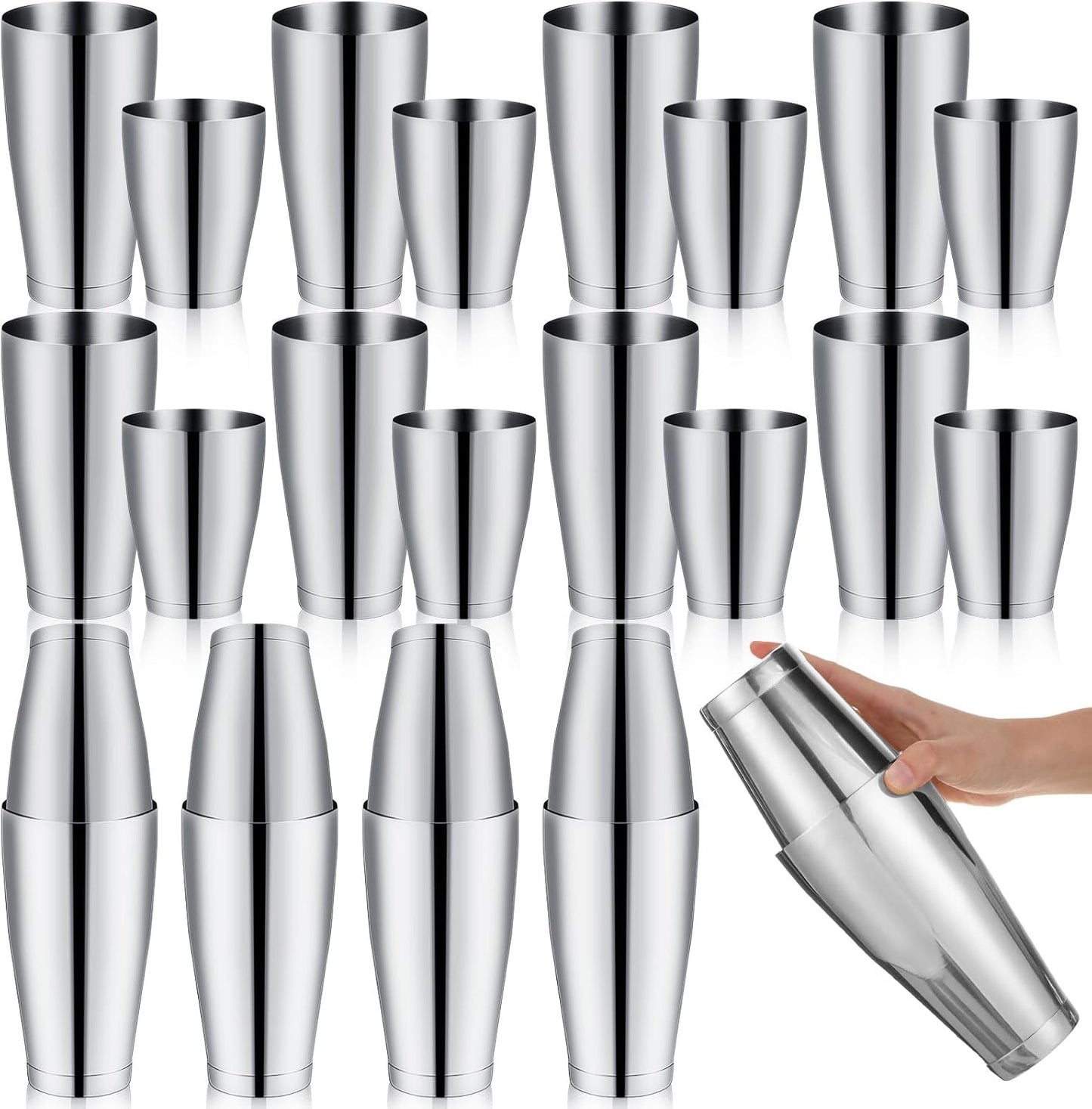 Zhehao 24 Pcs Silver Cocktail Shaker Professional Bar Boston Shaker Set Stainless Steel Martini Shake Drink Mixer Basic Tool Weighted Shake Metal Can Bartending Tins for Beginner, 18oz, 28oz