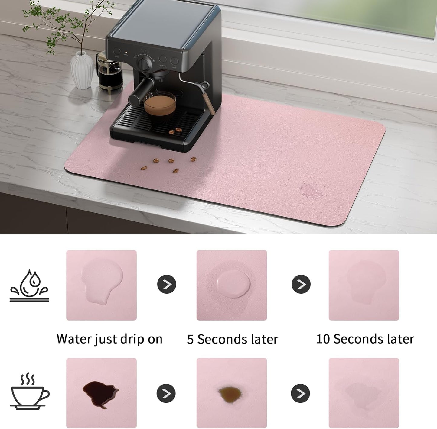 Ecotrim Absorbent Coffee Mat , Stain Hiding PU Leather Surface, Non-Slip Natural Rubber Backing, Quick Dry Mat for Espresso Machine, Kitchen Counter ,Pink | 12" x 19"