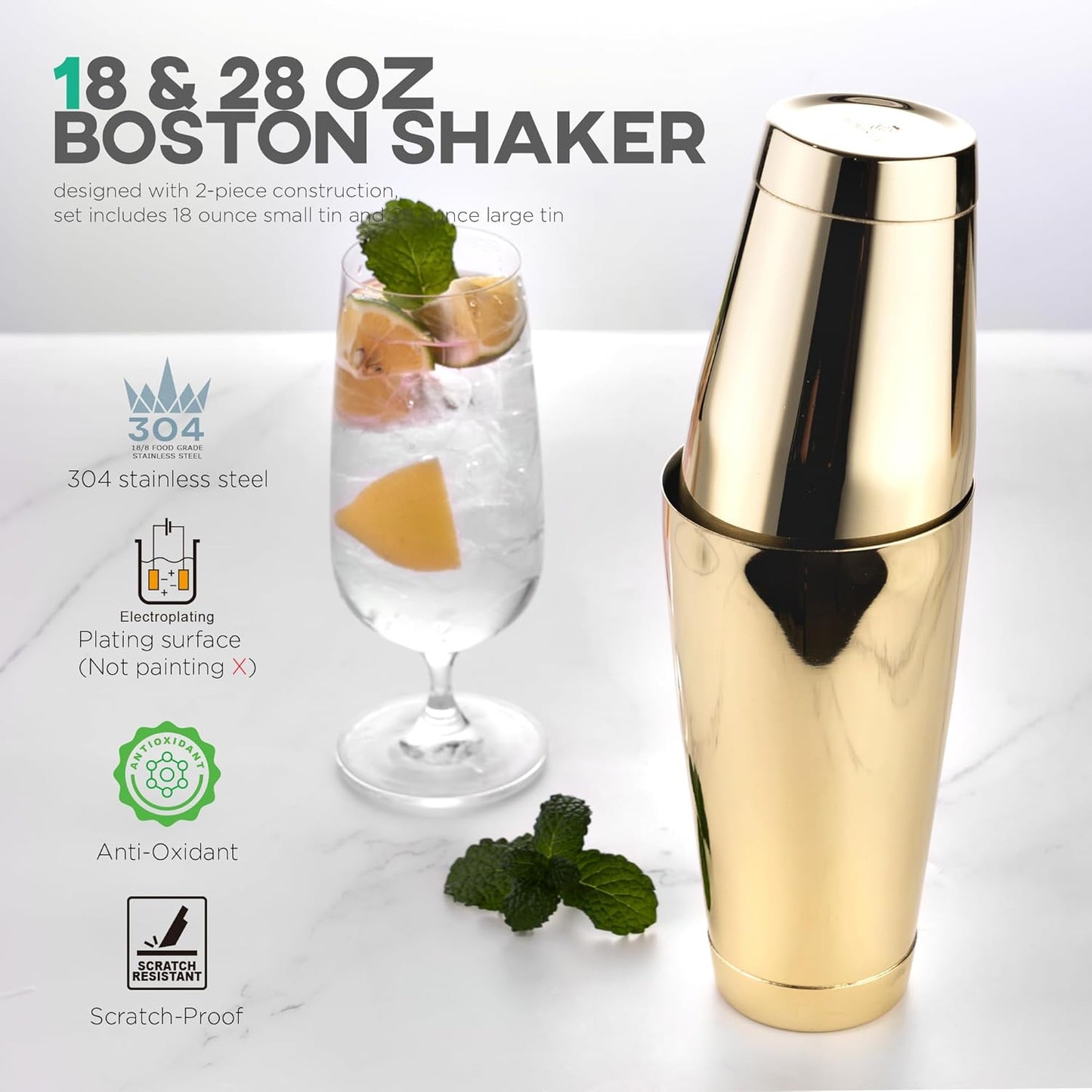 Homestia Cocktail Shaker Set, Bartending Kit: Weighted Boston Shaker Tin, Hawthorne Strainer, Jigger, Bar Spoon and Muddler, Professional Stainless Steel Bar Tool for Beginner (Gold)