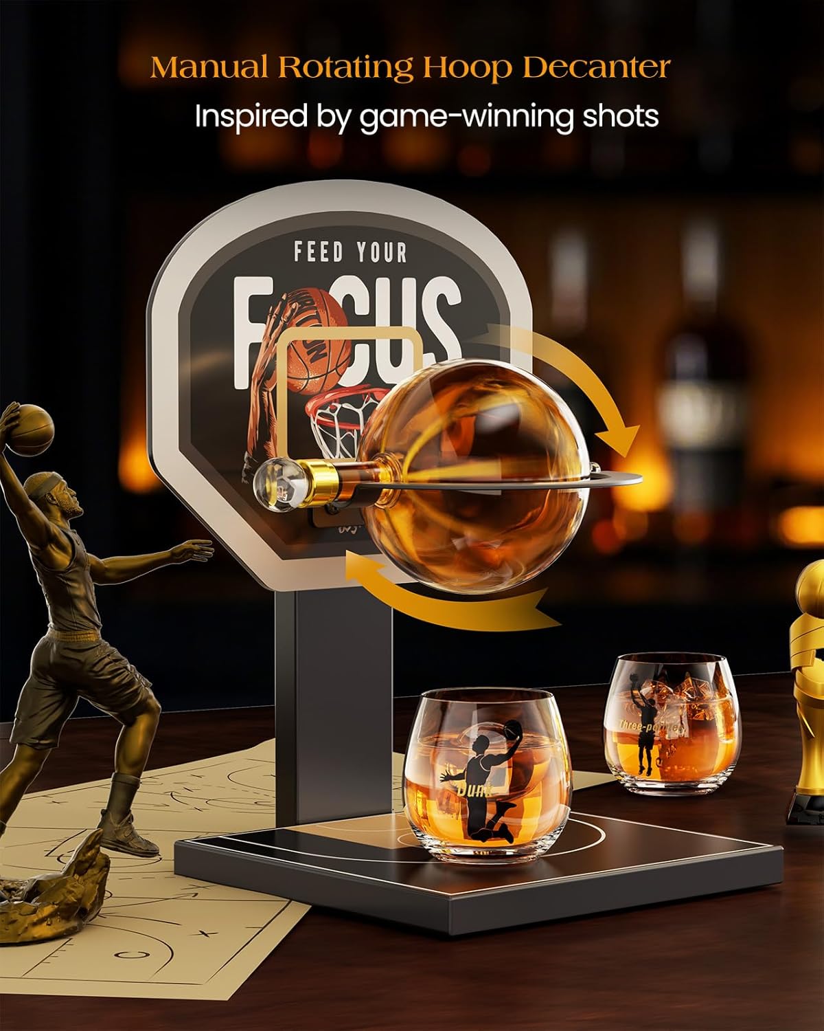 Kollea Basketball Whiskey Decanter Set with Black Court Stand & 2 Glasses, Stylish Liquor Decanter Gift for Men, Dad, Brother, Husband, Sports Lover - Birthday, Anniversary, Christmas, Retirement Gift
