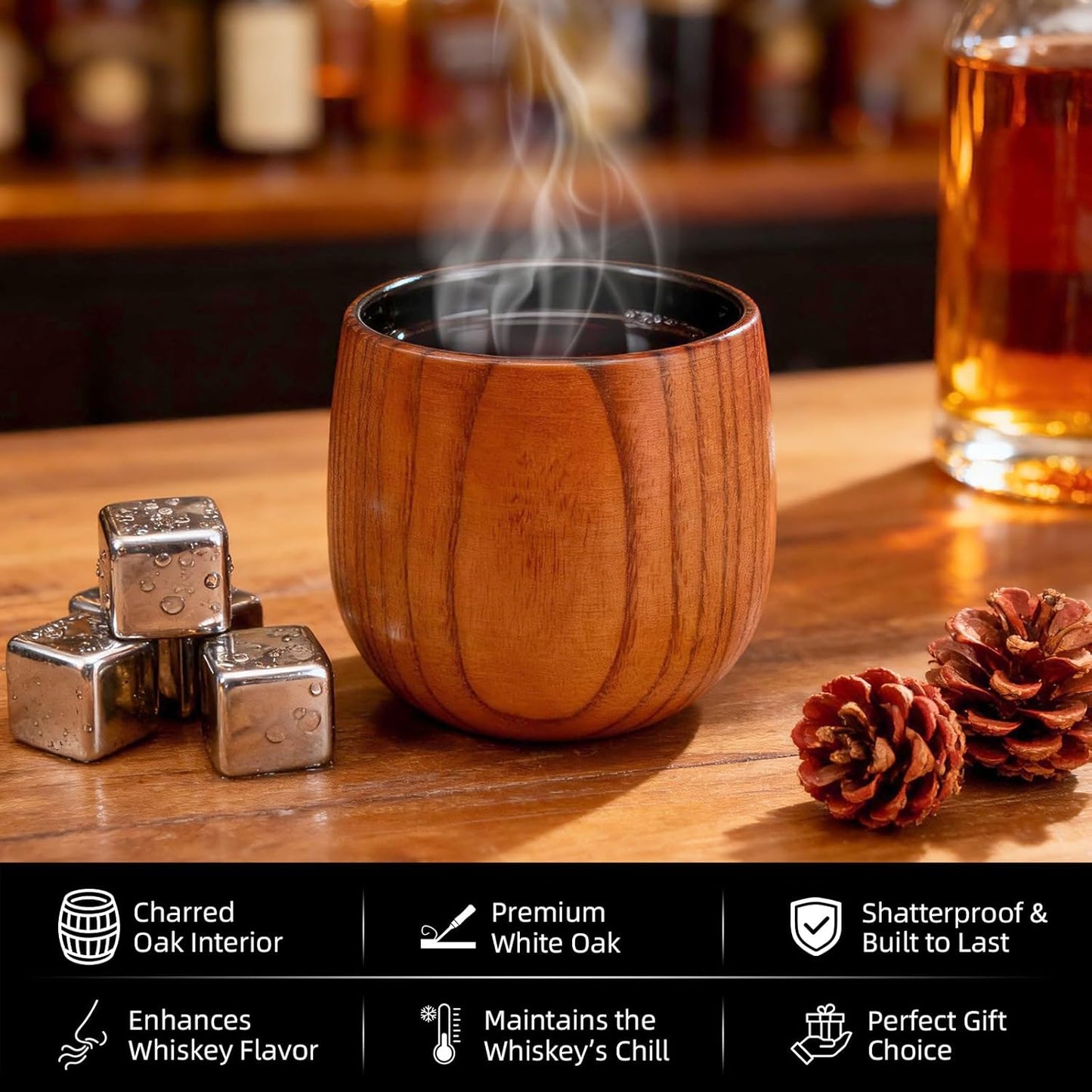 Charred Wooden Bourbon Drinking Glasses Set – Handcrafted Whiskey Cups with 8 Whiskey Stones – Great Whiskey Gifts for Men, Ideal Gift for Boyfriend, Dad, Husband & Friends