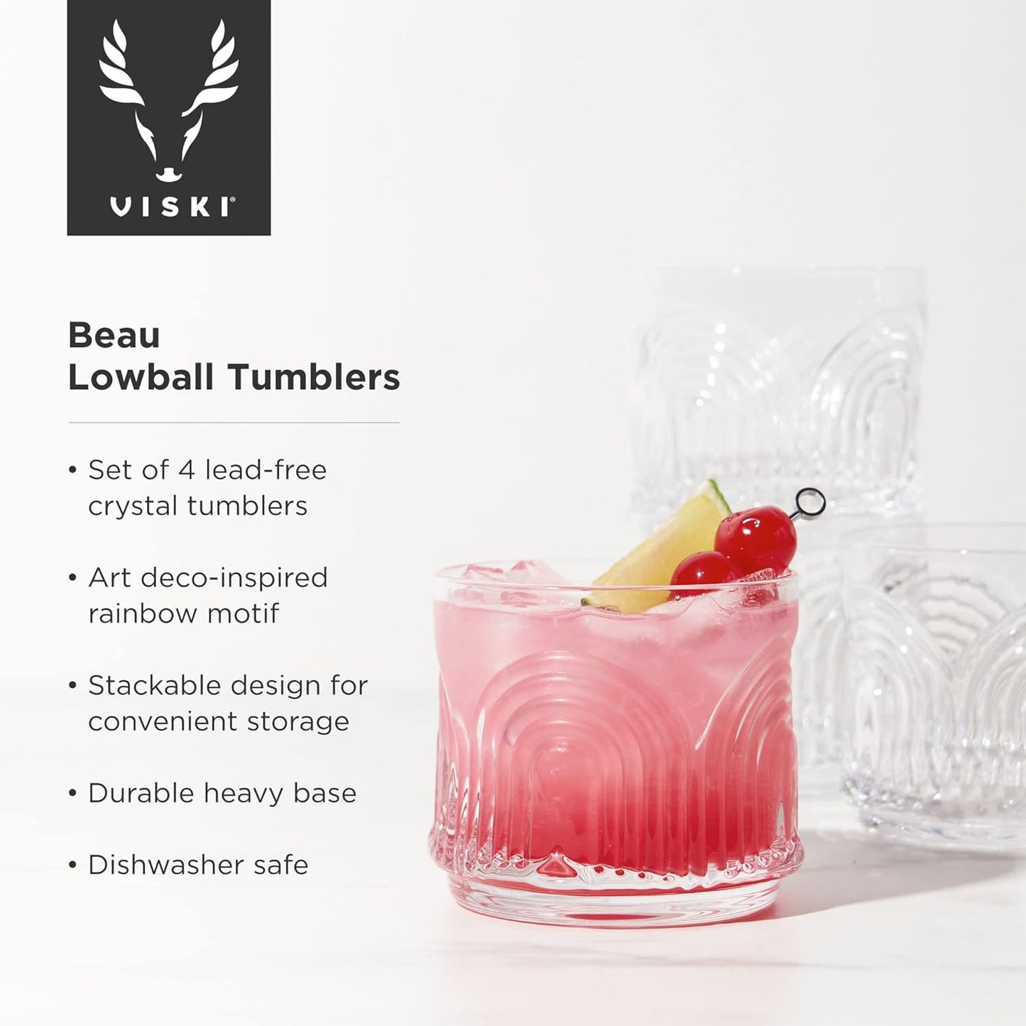 Viski Beau Lowball Tumblers Set of 4, Vintage Crystal Whiskey Glasses for Old Fashioneds, Scotch & Bourbon, Art Deco Cocktail Glasses with Arch Design for Home Bar, Birthday Gifts for Men, 11 oz