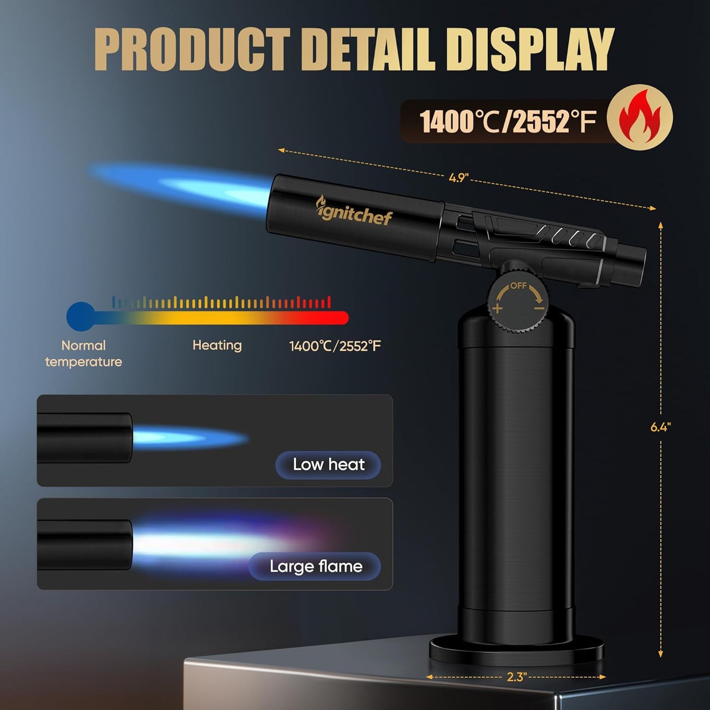 Metal Butane Torch Lighter, Refillable Kitchen Torch, Creme Brulee Torch with Adjustable Flame, Continuous Mode for Grilling Steaks, Barbecuing (PHQ-408-New)