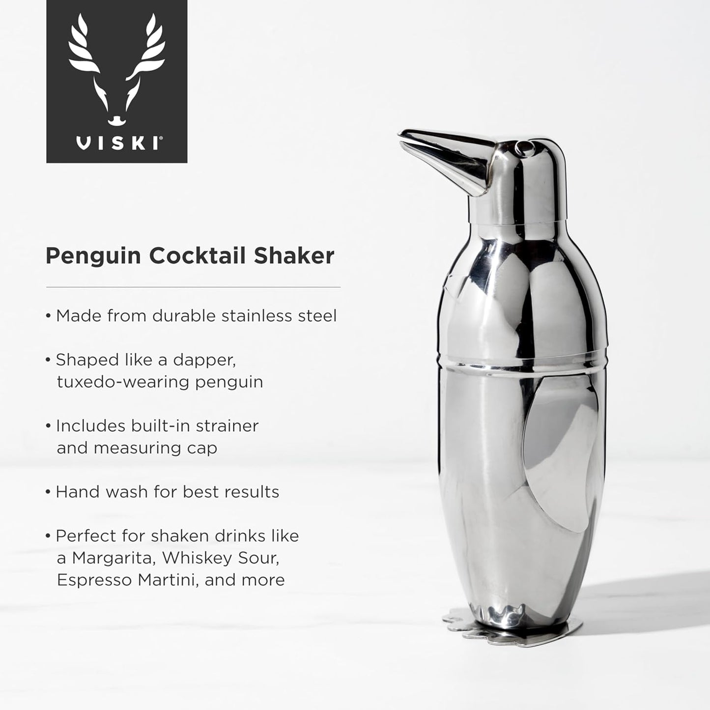 Viski Penguin Cocktail Shaker with Strainer, Stainless Steel Cobbler Shaker for Margaritas, Whiskey Sours & Other Cocktails, Penguin Gifts for Home Bar, Cocktail Party Essentials, 17 oz