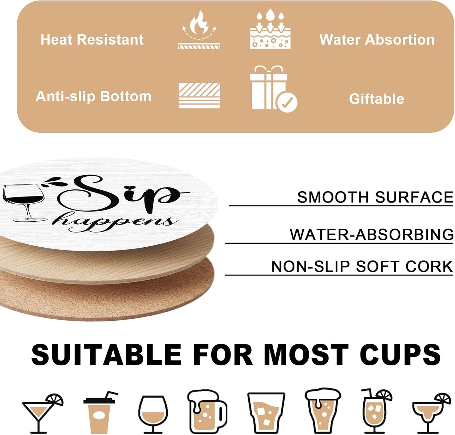 6 PCS Funny Sayings Cork Coasters for Drinks, Funny Wooden Coasters for Drinks with Coaster Holder, Living Room Kitchen Decor, for Wine Lover and Housewarming Present
