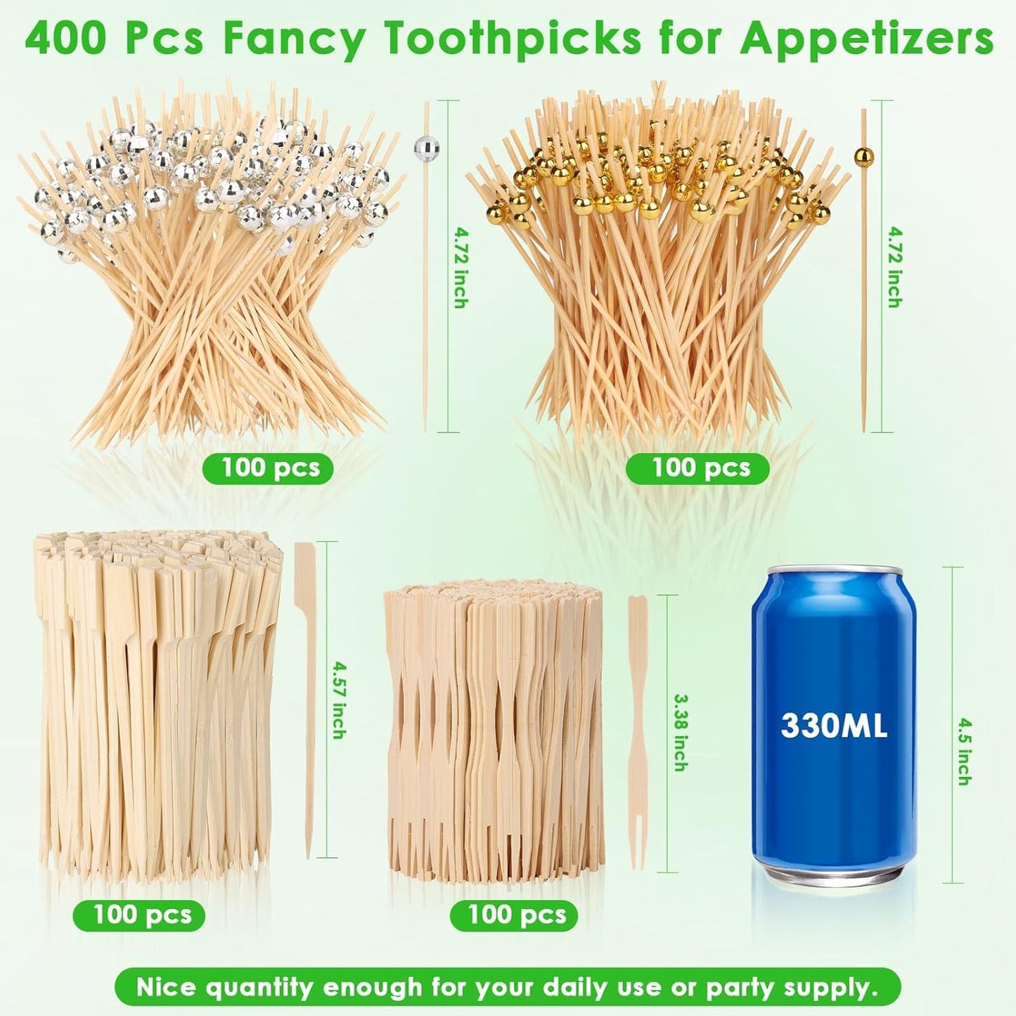 400PCS Cocktail Picks, Disco Ball Decorative Toothpicks for Appetizers, 4.7 Inch Bamboo Gold Ball Food Picks, Fancy Toothpicks for Appetizers, Drinks Party Fruit, Disco Party Decorations Supplies