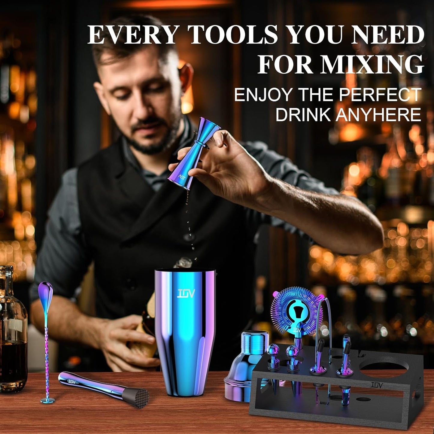 IOV Mixology Bartender Kit with Stand | 12-Piece Cocktail Shaker Set | 24oz Martini Shaker Set for Drink Mixing | Bar Set Includes All Bar Tools and Recipe Booklet | Fun Housewarming Gift (Rainbow)