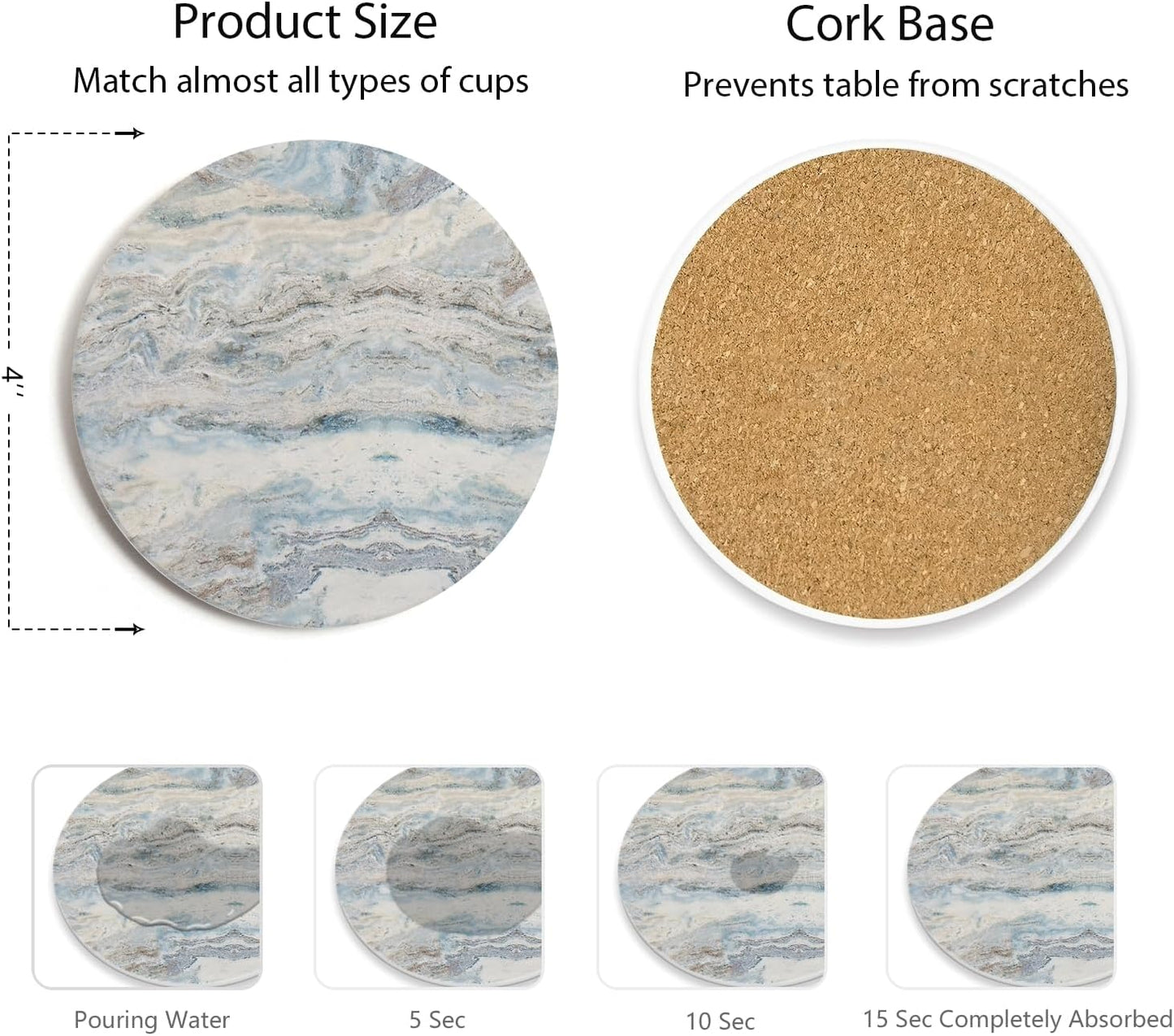 Set of 6 Mix Color Abstract Onyx Marble Coasters with Holder, Absorbent Ceramic Coasters for Drinks, Coasters with Cork Backing for Table Protection, Home Decor, Coffee Table Decor