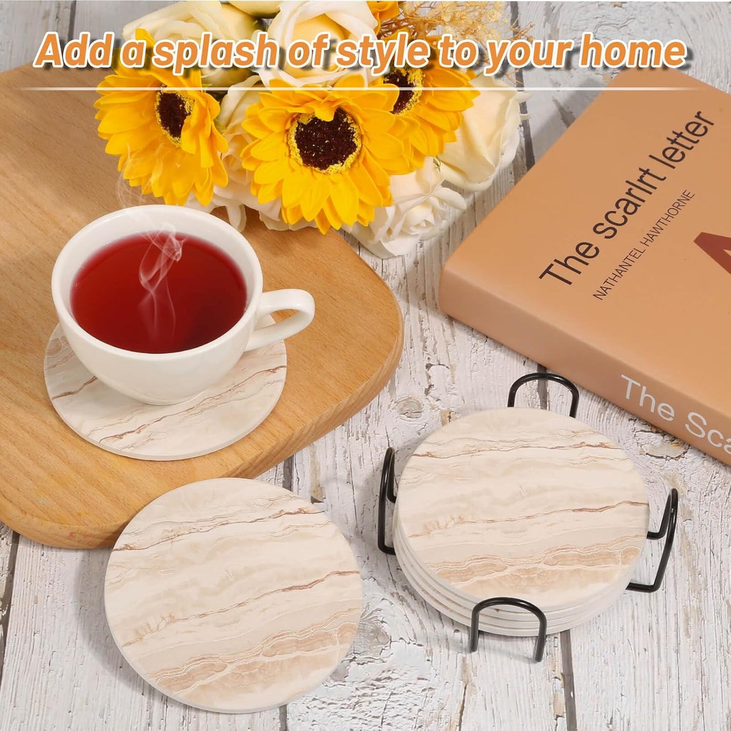 Acejoz Drink Coasters Set of 6, Absorbent Coaster for Coffee Table Decor, Marble Style Ceramic Coaster for Home Decor, 4 Inches