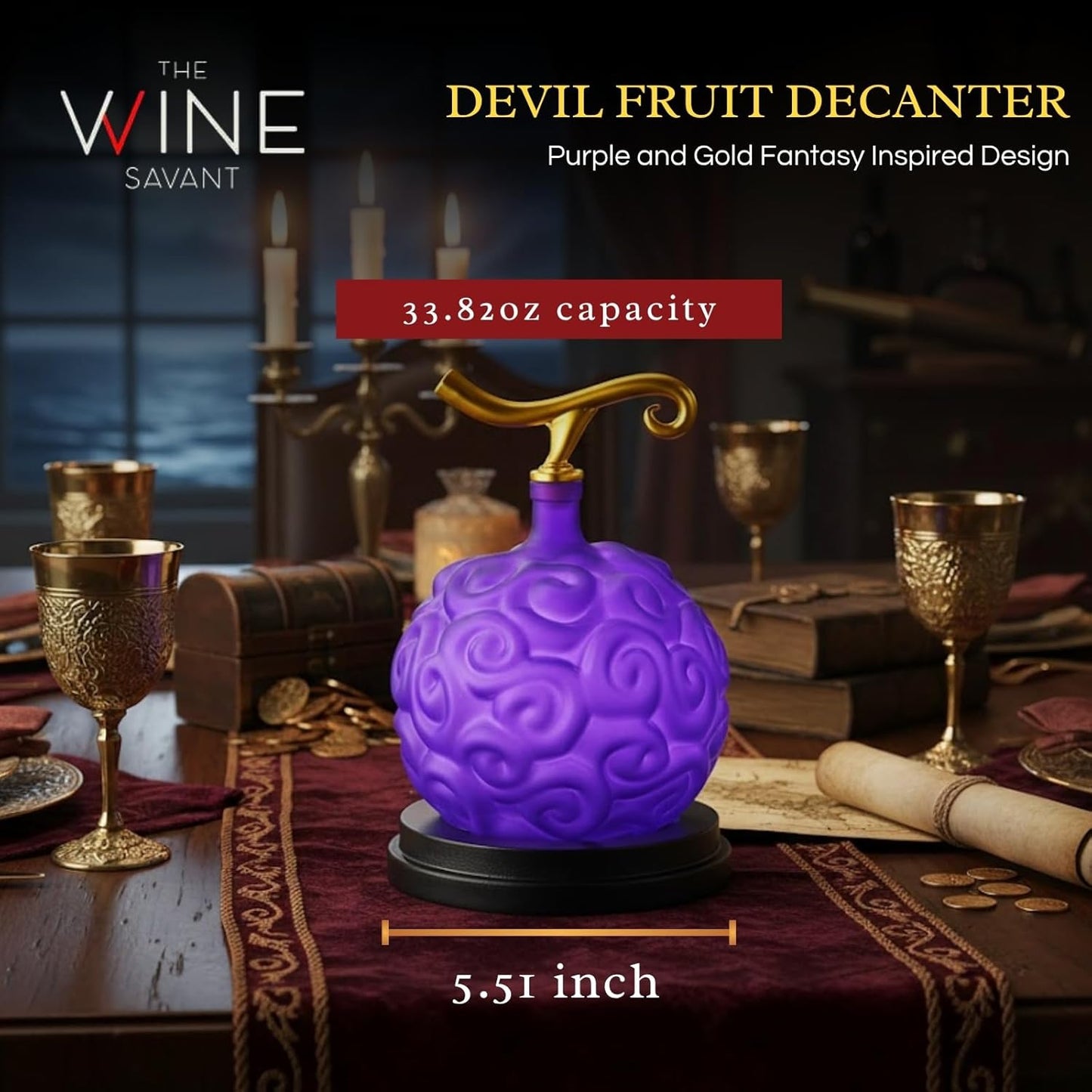 Anime Devil Fruit Decanter – Handcrafted Crystal Liquor Bottle, Mahogany Base | Home Bar Collectible Display | 34oz | Purple & Gold Fantasy Inspired Design, Whiskey Decanter Gifts Sets for Men