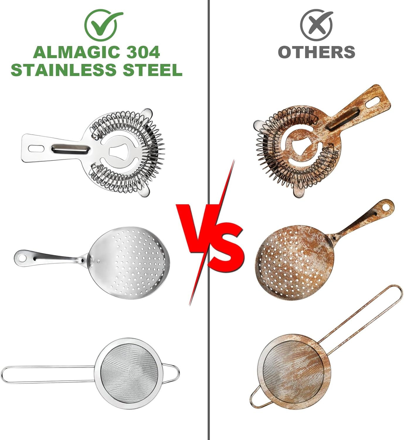 3-IN-1 Cocktail Strainer Set, Includes Julep, Hawthorne, Fine Mesh Strainer, Food Grade 304 Stainless Steel, Complete Set Covering All Cocktail Straining Techniques, Essential Home Bar Tools