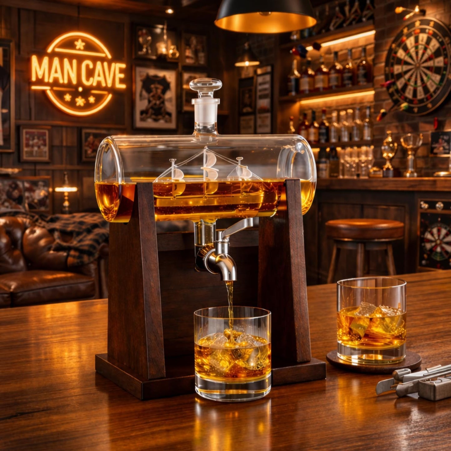 Jillmo Ship Whiskey Decanter Set for Men, 1250ml Liquor Decanter Gift with Ship Inside, 2 Whiskey Glasses & Wooden Stand, Bourbon Scotch Decanter Gift for Dad Husband Home Bar