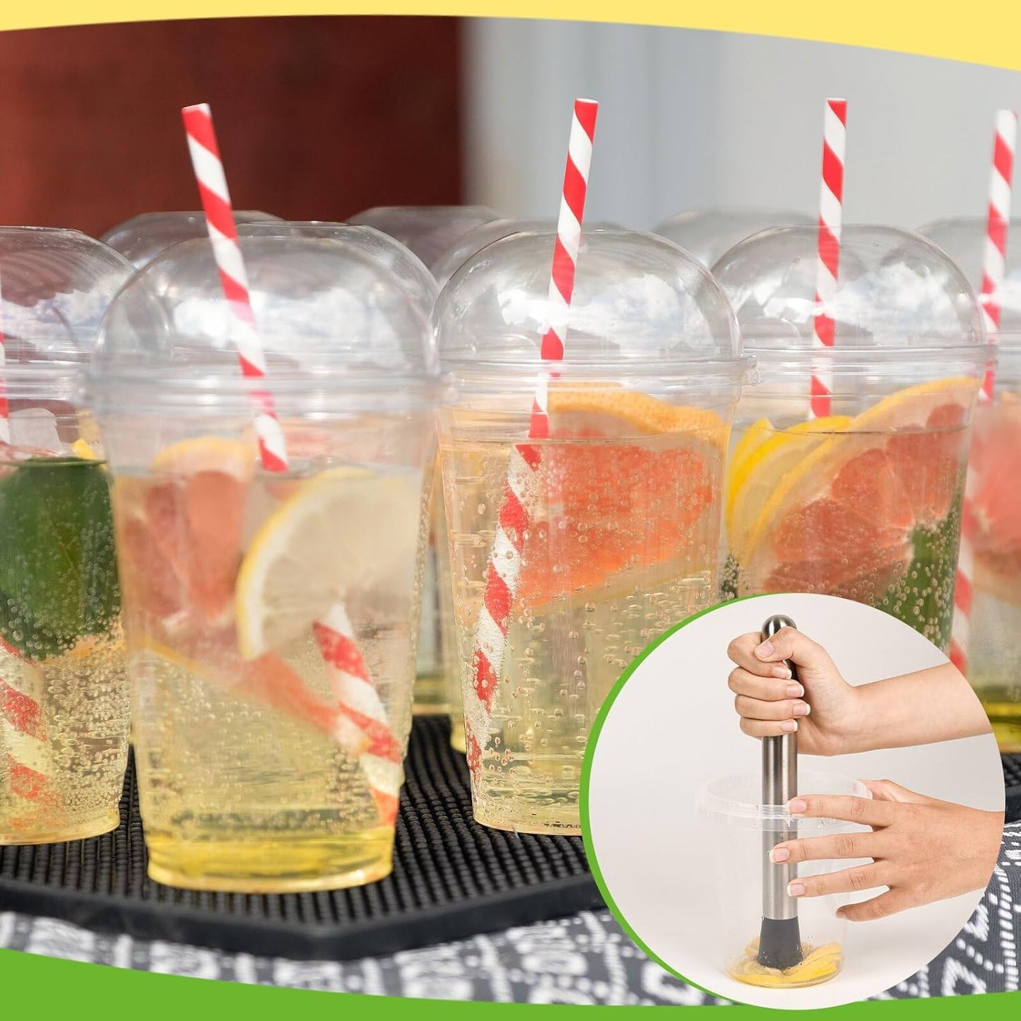 5 Pack Straw Puncher, lemonade stand supplies kit with straw puncher for plastic lids, muddler for lemonade and cocktails, reusable lemonade cups