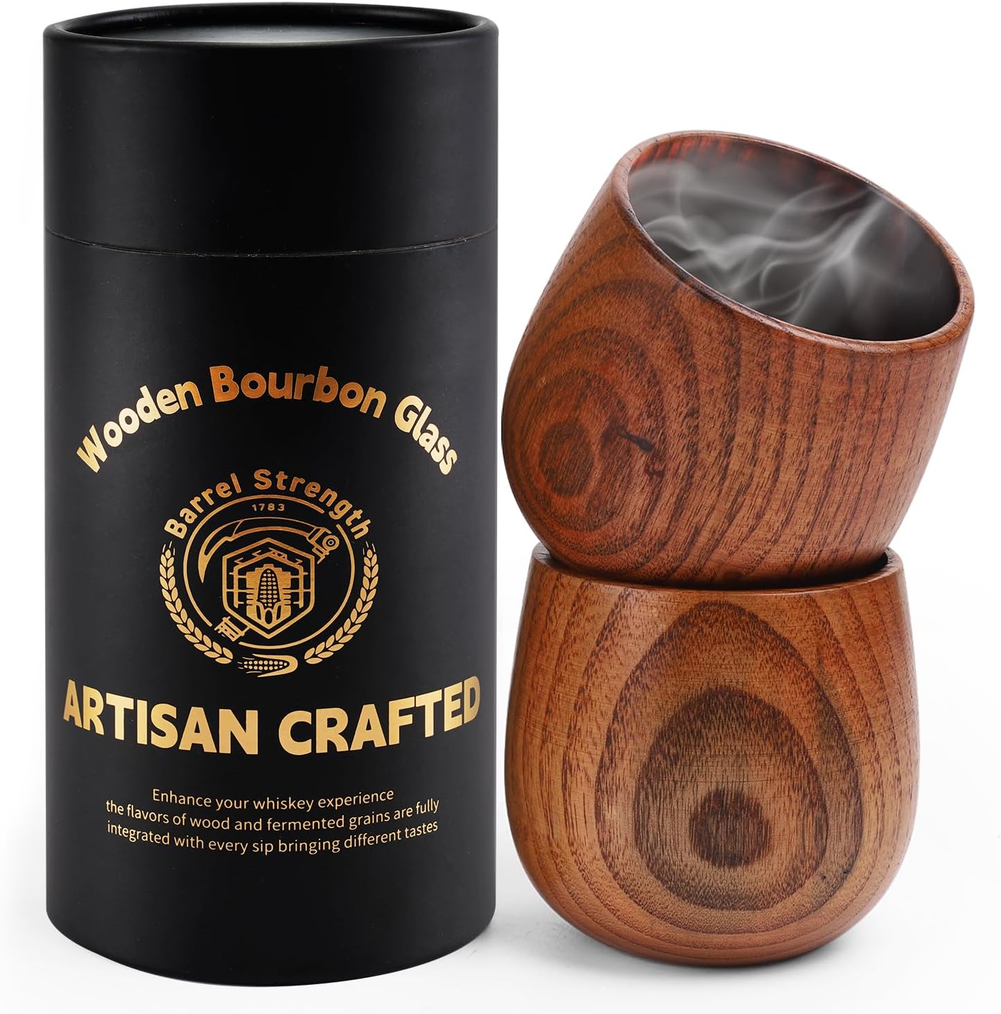 Charred Hardwood Bourbon Glasses Set of 2 - Handcrafted Wooden Whiskey Tumblers with Natural Insulation - Campfire Ready Design & Collector Grade Wood Grain - Perfect Home Bar Gifts