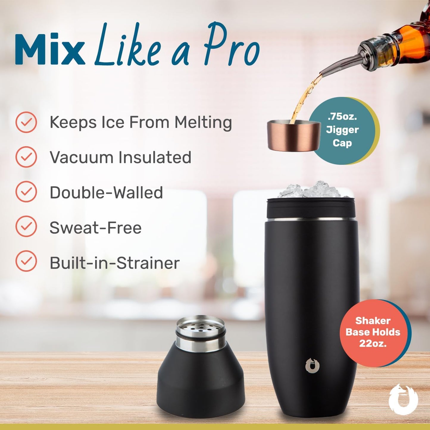 SNOWFOX Premium Vacuum Insulated Stainless Steel Cocktail Shaker, Home Bar Accessories, Elegant Drink Mixer, Lid With Jigger & Built In Strainer, Marble, 22oz.
