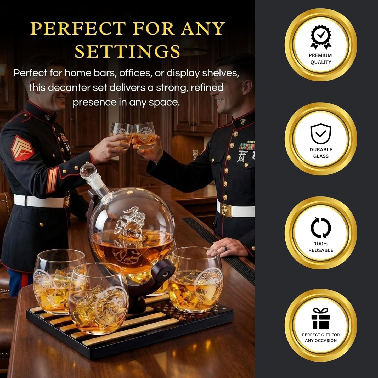 U.S. Marine Globe Whiskey Decanter Set with 4 Liquor Glasses - Wood Flag Base Marine Veteran Gift Set - Navy Gifts Men, Dad, U.S.A Flag - Bourbon & Scotch Military Gift for Father
