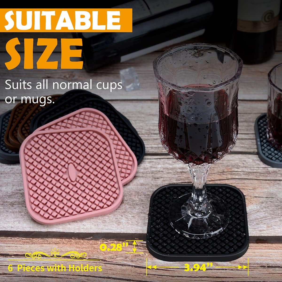 IYYI Silicone Coasters Set of 6, Drink Coasters with Holder, Non-Slip Cup Mat, Deep Tray Absorbent Coaster, Heat Resistant Countertop Protection (Black-Square)
