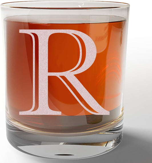 Etched Monogram 11oz Whiskey Rocks Glass (Letter R), A-Z Customized Bourbon Gifts for Men, Personalized Old Fashioned Scotch Glass, Custom Engraved Gifts for Him, Initial, Name, Regalos Personalizados