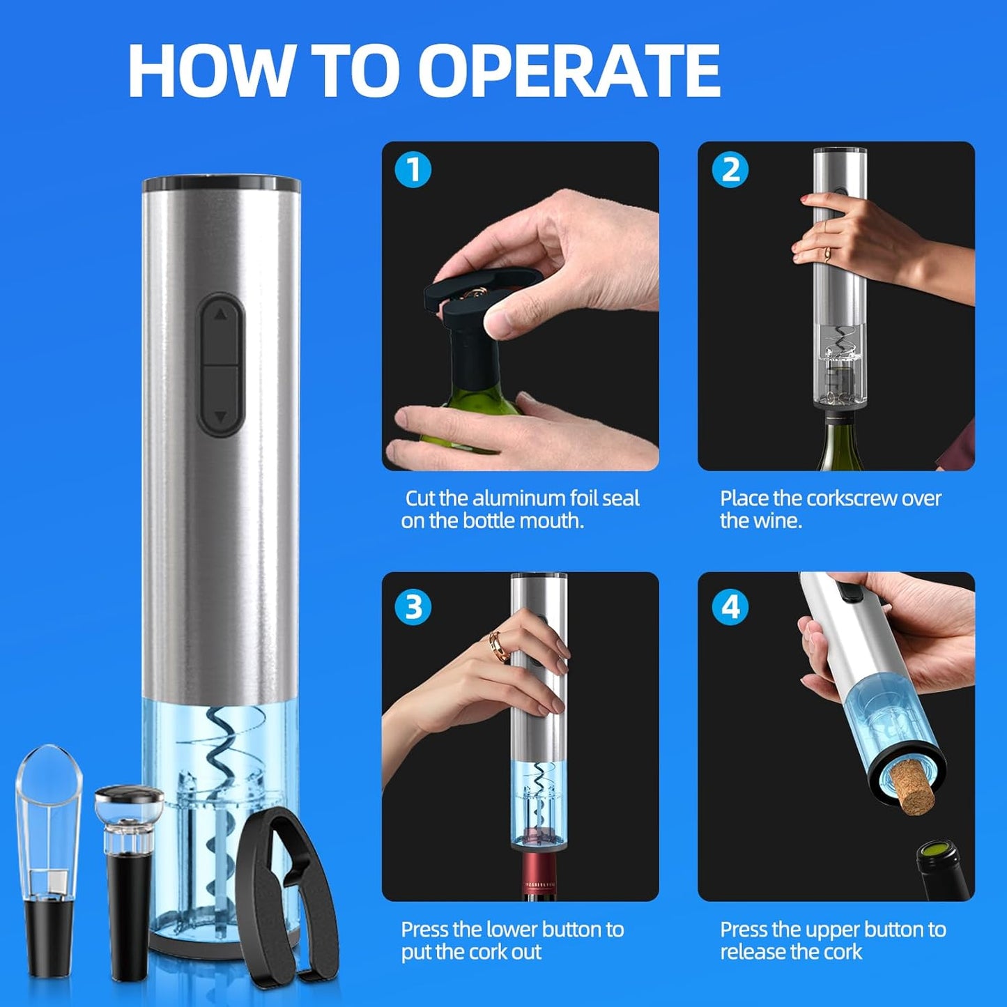 Liuzouwin5-in-1 ElectricWine Bottle Opener Set Battery Operated Reusable Corkscrew with Storage Base, Foil Cutter, Wine Pour& Wine Stopper (Silver)