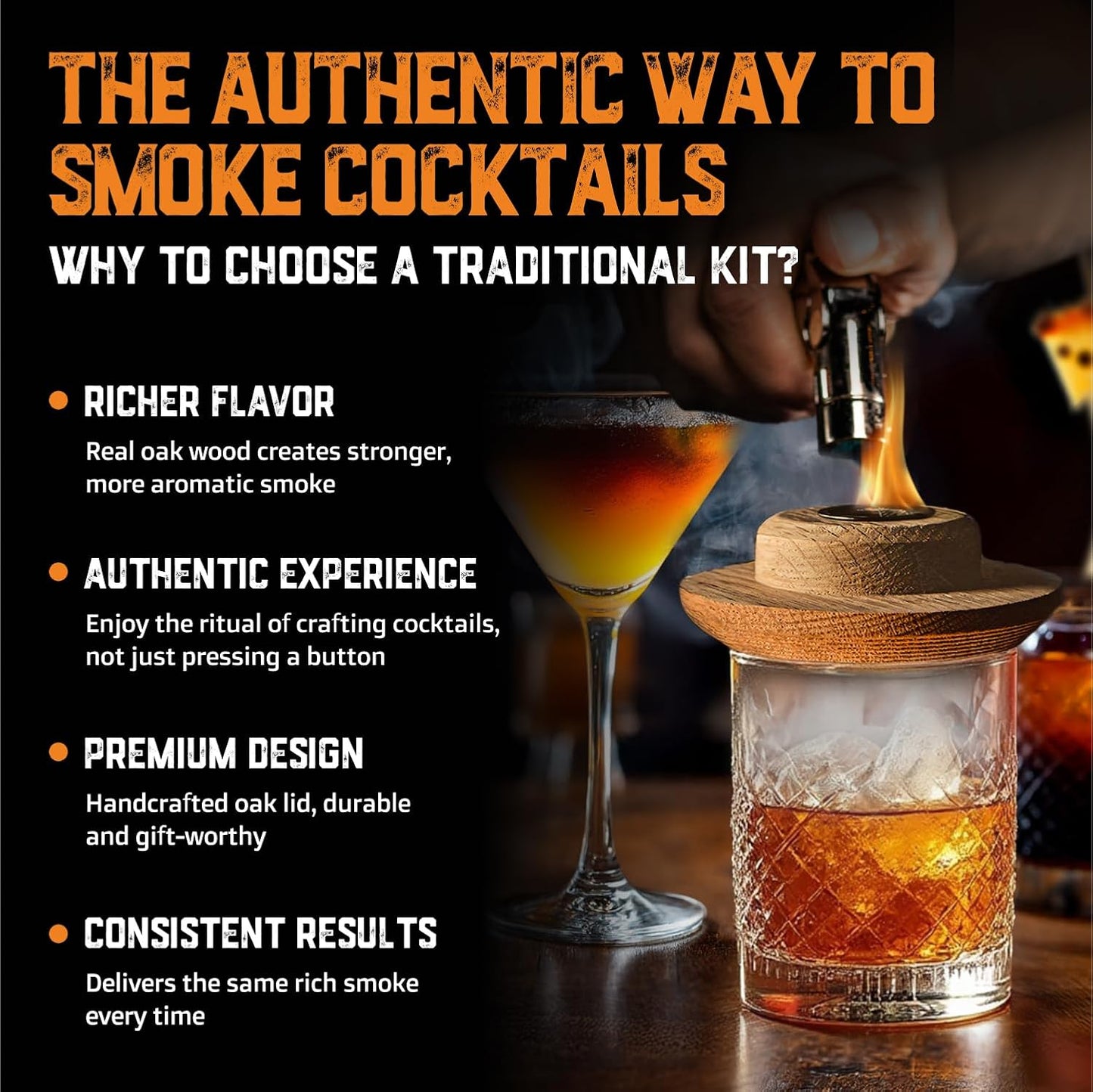 Whiskey Smoker Kit with Torch and Butane and Old Fashioned Syrup - 8 Flavors Wood Chips, 100% USA Oak, High-End Set - Old Fashioned Bourbon Cocktail Smoker Kit Gift for Men Dad