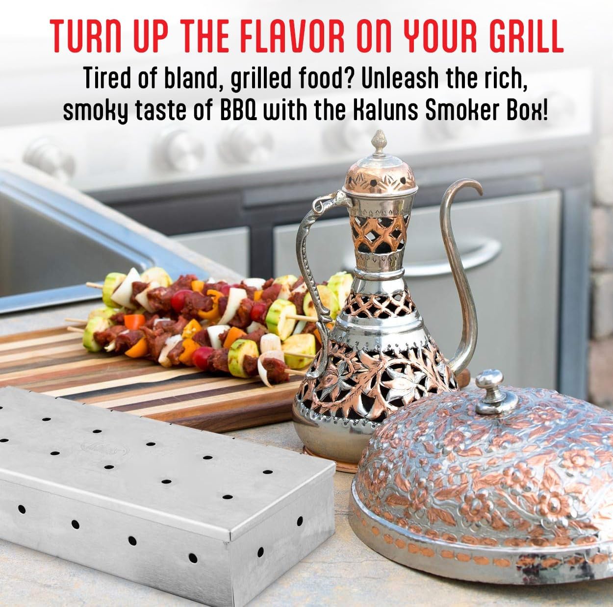 Kaluns Universal Stainless Steel Smoker Box, Gas or Charcoal Grill Smoke Box, Works with Wood Chips, add Delicious Smoked Flavor, Hinged Lid,Warp Free Grill Accessories
