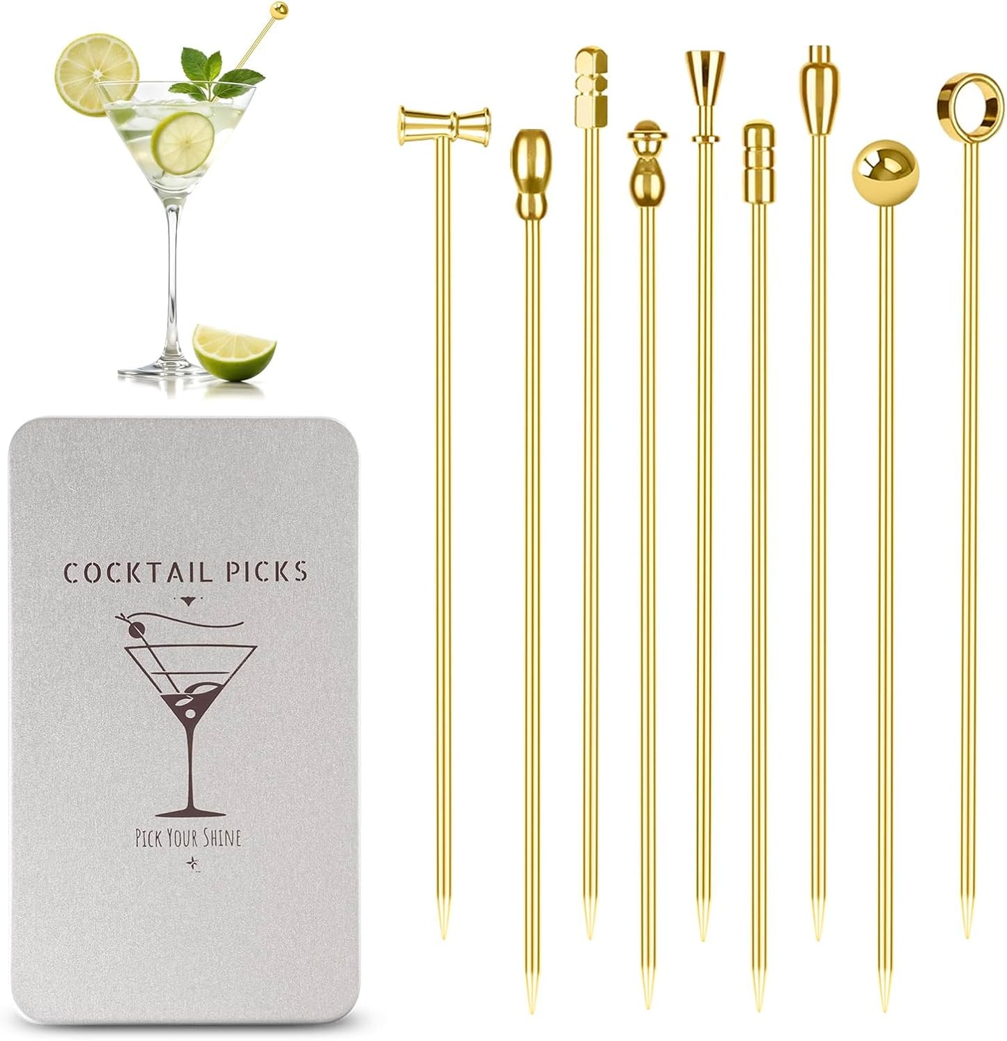 Metal Martini Cocktail Picks Gold, Skewers for Olive 4.2 in to 4.38 in, Stainless Steel Drinks Garnish Sticks, Reusable Toothpicks for Appetizers, Gift for Mother, Home Bar Accessories - 9 Pcs