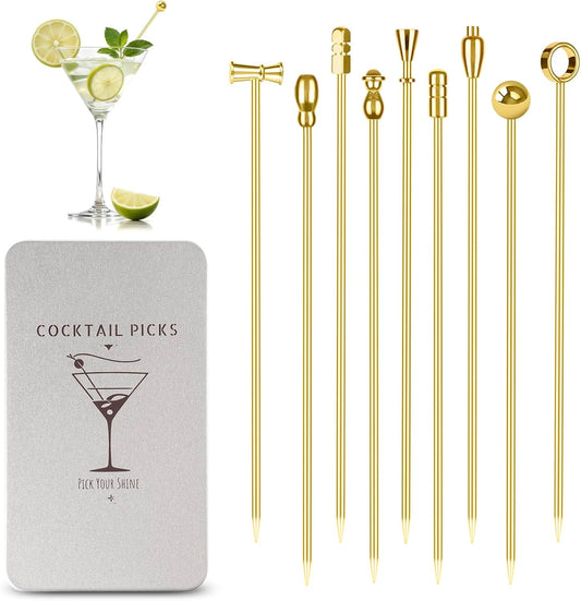 Metal Martini Cocktail Picks Gold, Skewers for Olive 4.2 in to 4.38 in, Stainless Steel Drinks Garnish Sticks, Reusable Toothpicks for Appetizers, Gift for Mother, Home Bar Accessories - 9 Pcs