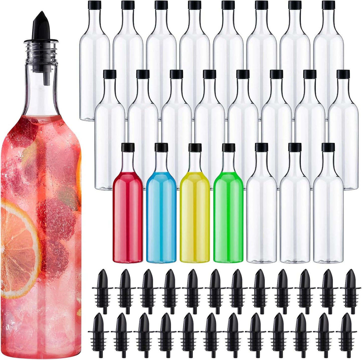 Yinder 24 Pcs Long Neck Plastic Bottles with Pourer 25 oz Empty Clear Wine Liquor Bottles Pour with 24 Pourers for Home Party Bar Kitchen (Black Pourers)
