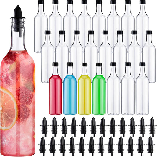 Yinder 24 Pcs Long Neck Plastic Bottles with Pourer 25 oz Empty Clear Wine Liquor Bottles Pour with 24 Pourers for Home Party Bar Kitchen (Black Pourers)
