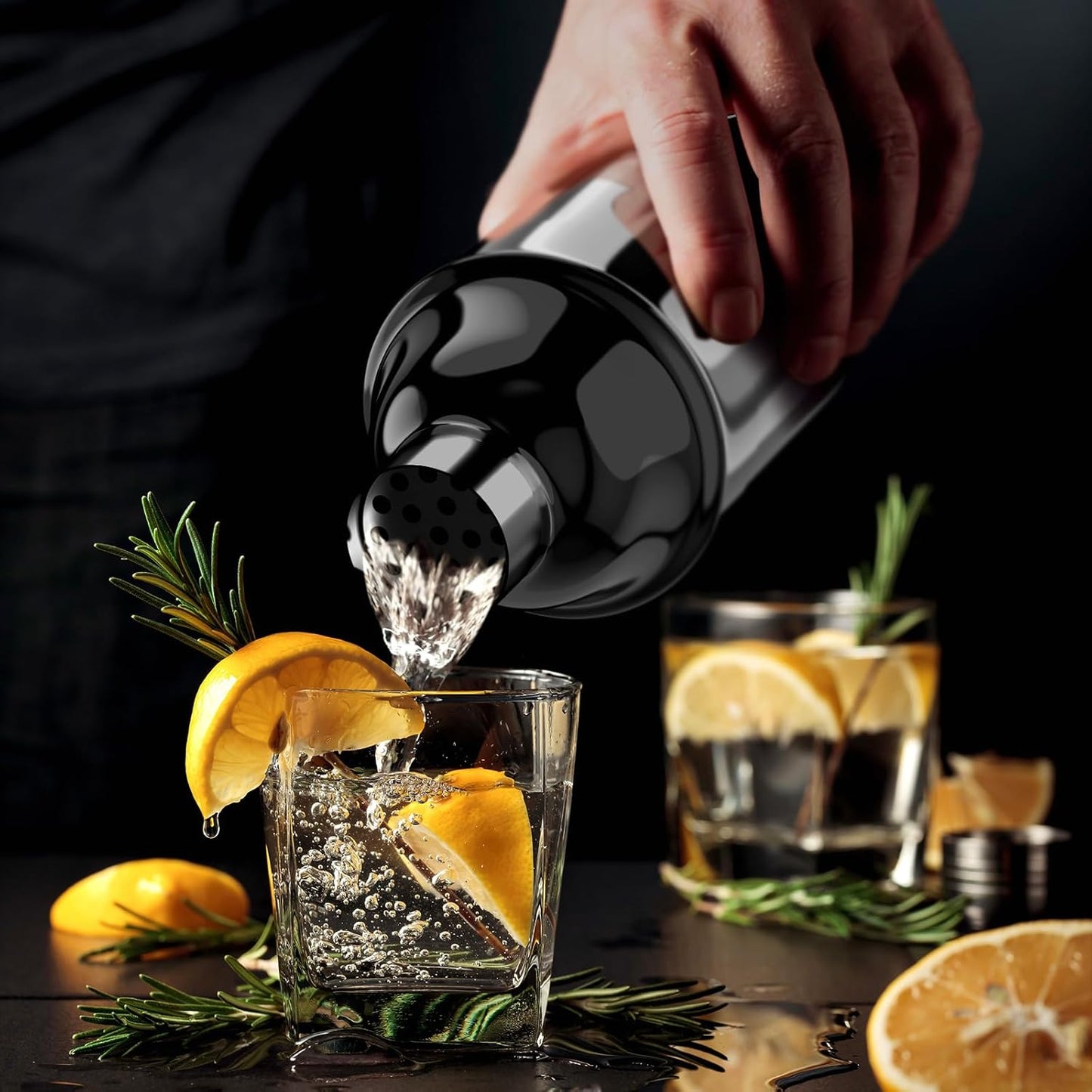 IOV Cocktail Shaker Bar Set, 24oz Martini Shaker with Built-in Strainer, Bar Tool Kit with Recipes Booklet, Professional Stainless Steel Large Bartender Drink Shaker Margarita Alcohol Mixer-Black
